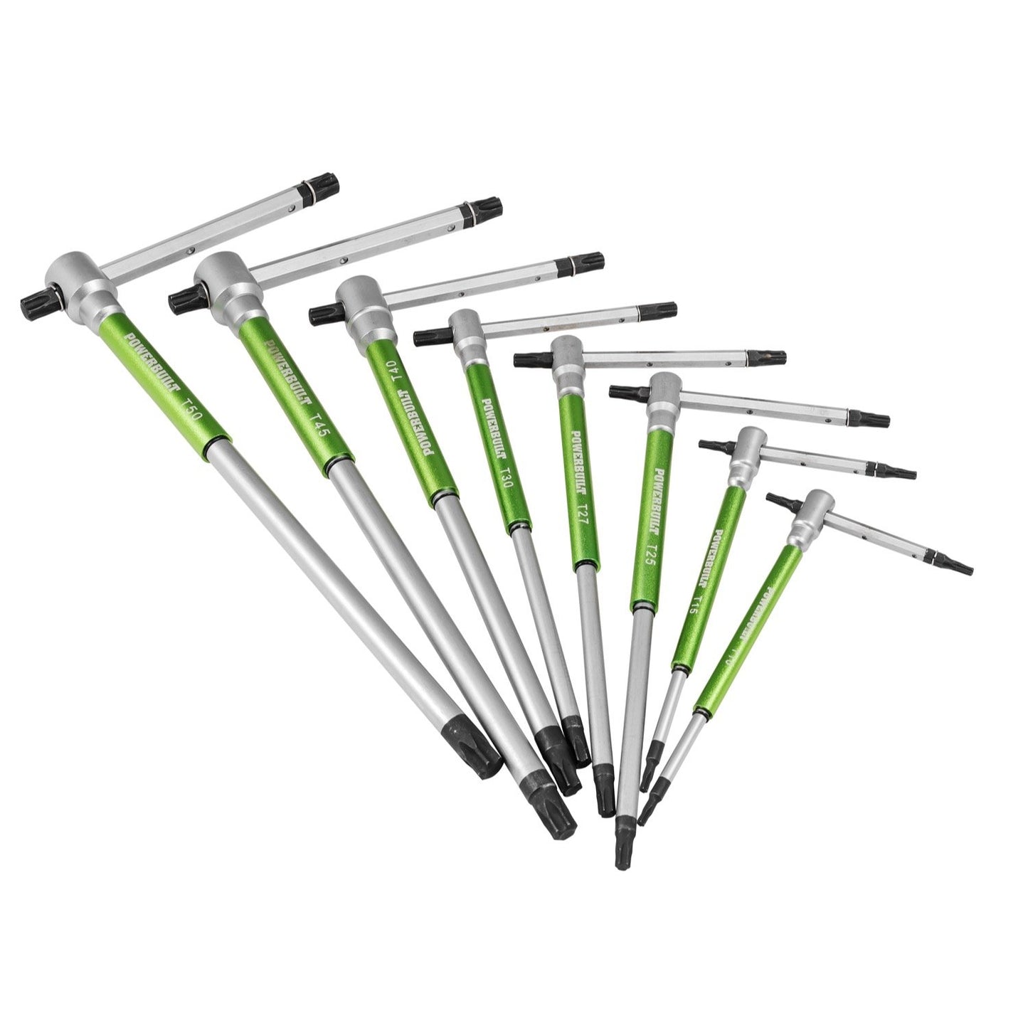 Powerbuilt 9 Pc Torx Star T-Handle Hex Allen Key Wrench Set w/ Speed Sleeves for Fast Spinning Action, Sliding Top Handle for “T” or “L” Shape, Long Shafts, Storage Rack, Auto, Bicycle, Moto - 941646