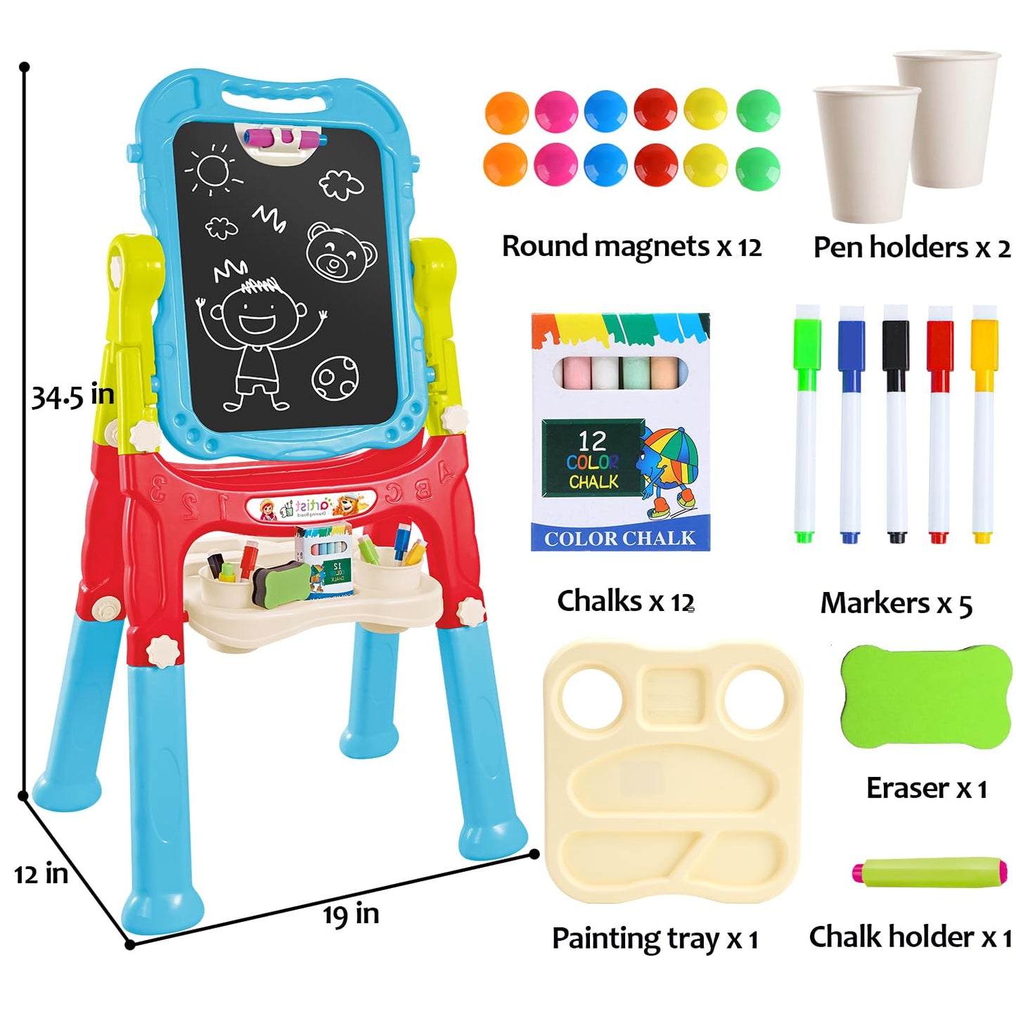 Toddler Art Easel Toys, Magnetic Chalk Board and White Board Easel for Kids with Painting Accessories, Rotatable Double Sided Easel, Birthday Gift for Boys and Girls