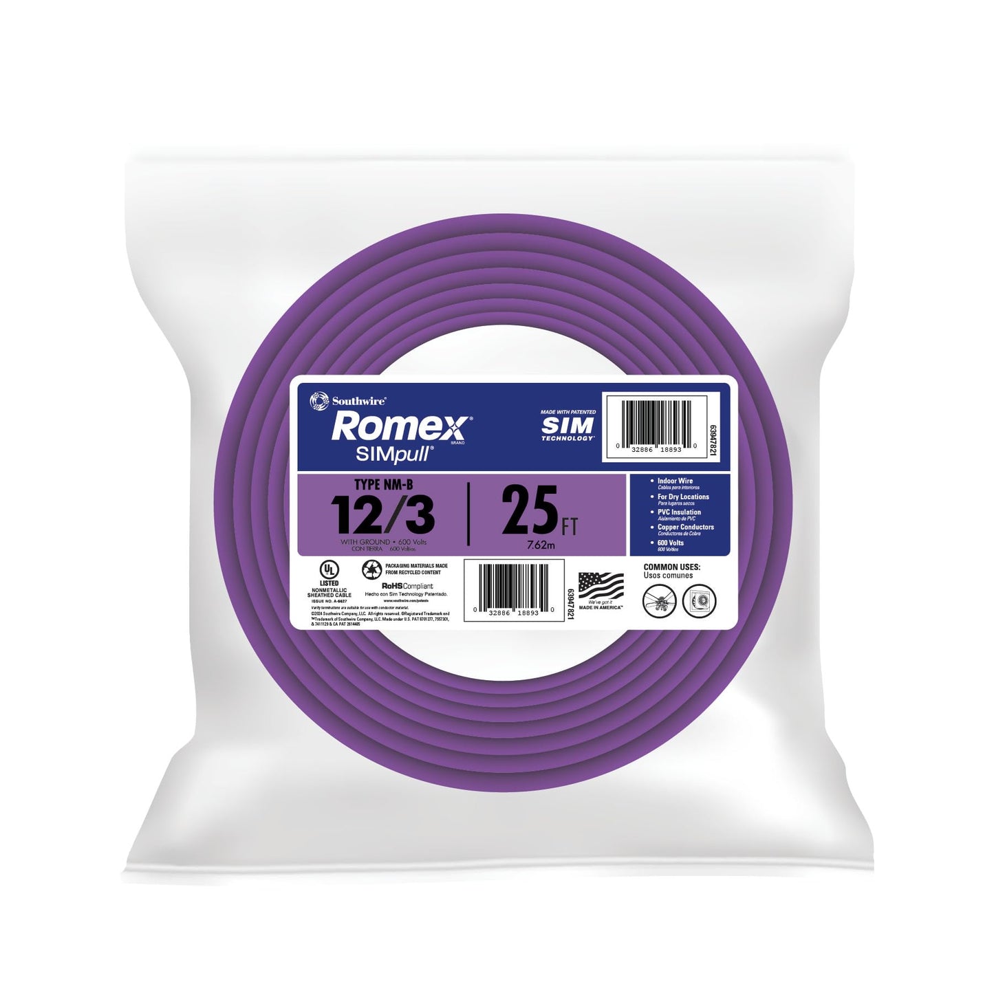 Southwire Romex SIMpull Residential Wire, 12 Gauge, 3 Conductor, 25 Ft, W/G NM-B Cable, Purple, 63947821