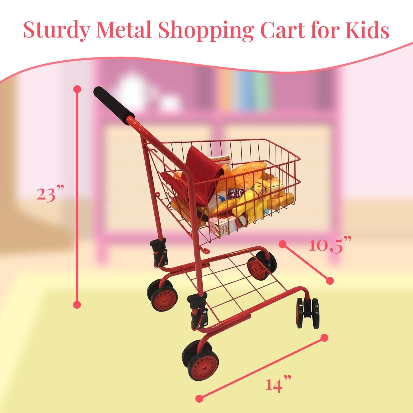 The New York Doll Collection Toy Shopping Cart for Kids and Toddler - Includes Food - Folds for Easy Storage - with Sturdy Metal Frame (Red)