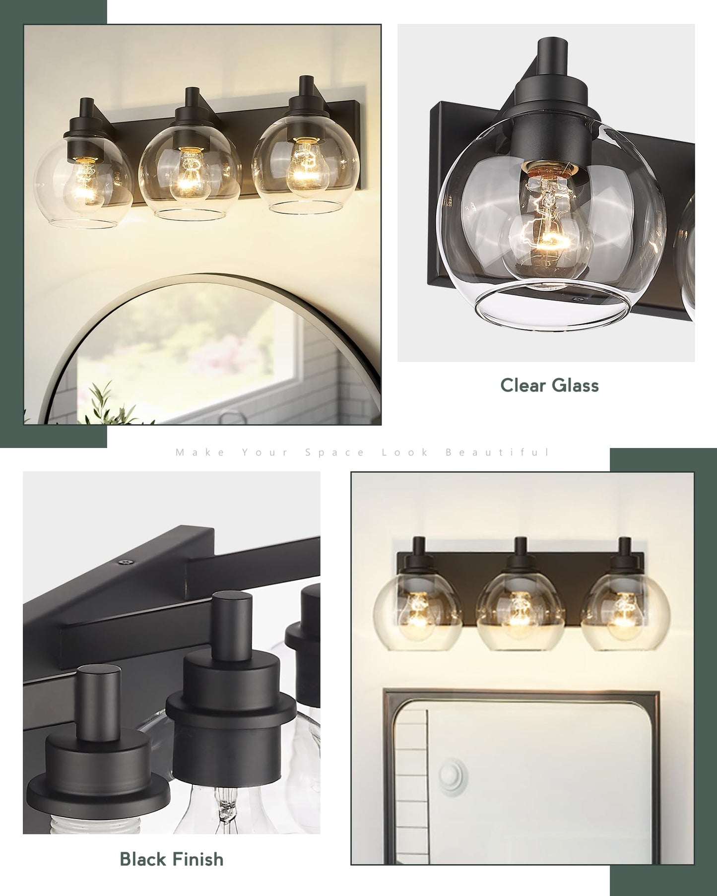 METWET Bathroom Light Fixtures, 3-Light Matte Black Vanity Light, Modern Wall Sconces with Clear Glass Globe Shade, Bathroom Wall Lights for Mirror Kitchen Bedroom Hallway, VL195-MB-3