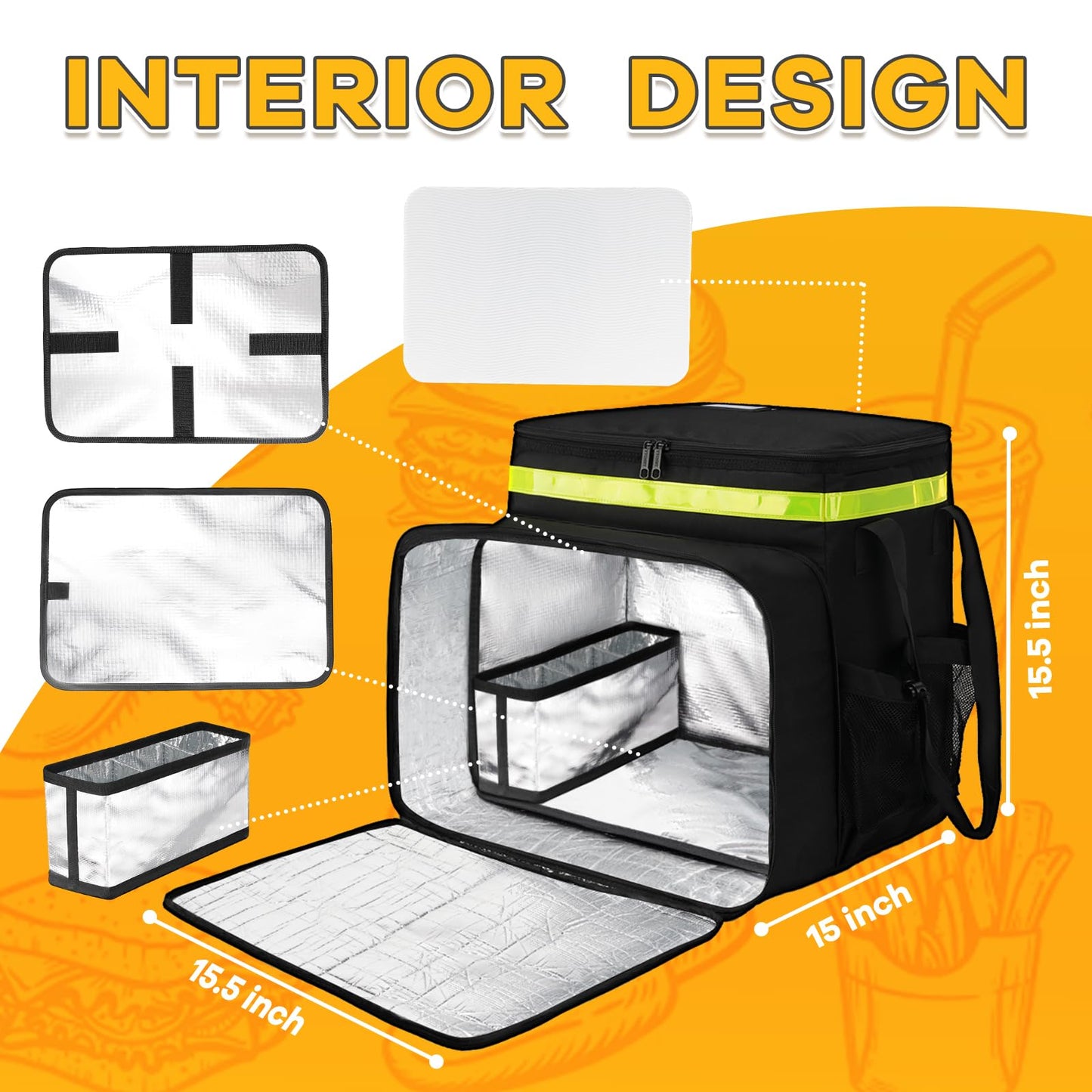 Ytonet Food Delivery Backpack, Expandable Insulated Food Delivery Backpack with 7 Cup Holders, Extra Large Pizza Bags For Delivery Bike with Reflective Strip Fis for Uber Eat, Grubhub, Doordash, Black
