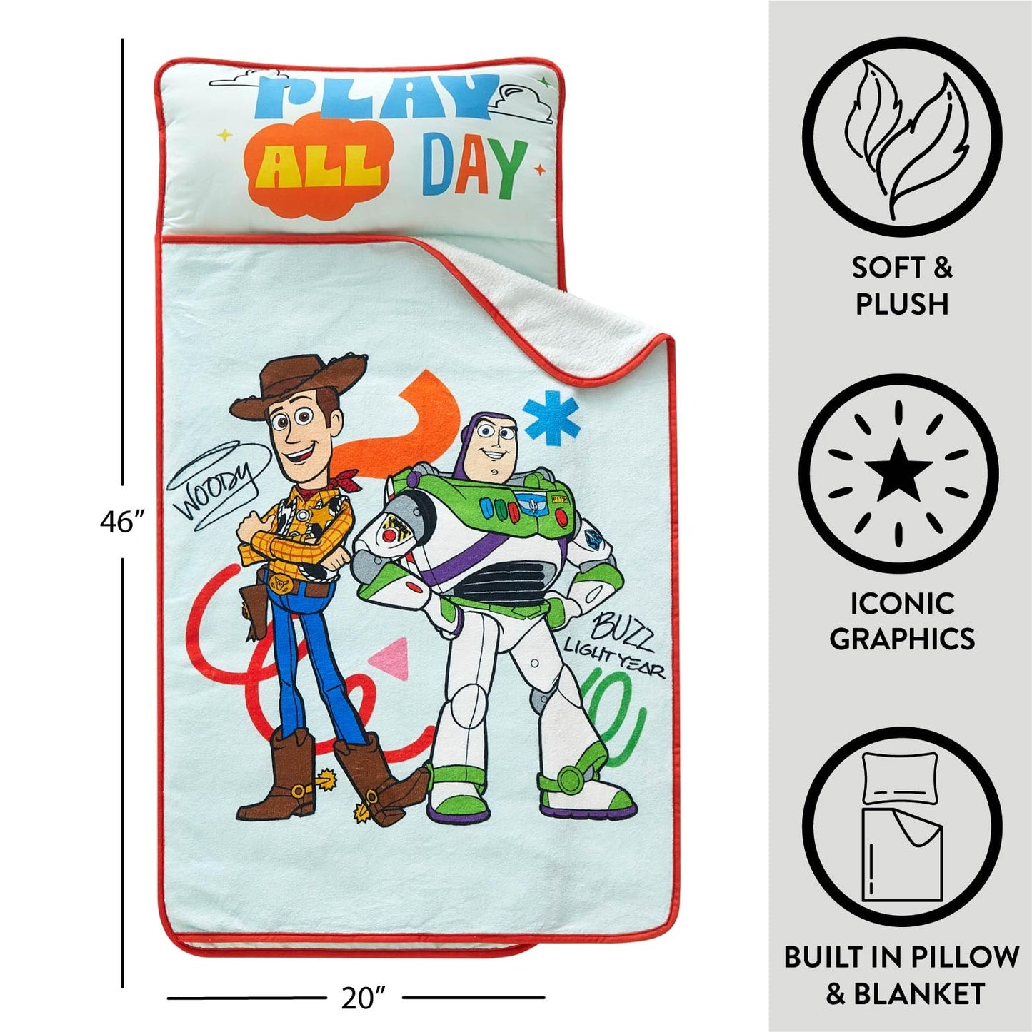 Disney Pixar Toy Story Toddler Nap Mat with Pillow & Blanket, Soft Quilted Kids Sleep Mat, Portable 20” x 46” Nap Pad for Daycare, Preschool, Travel & Naptime