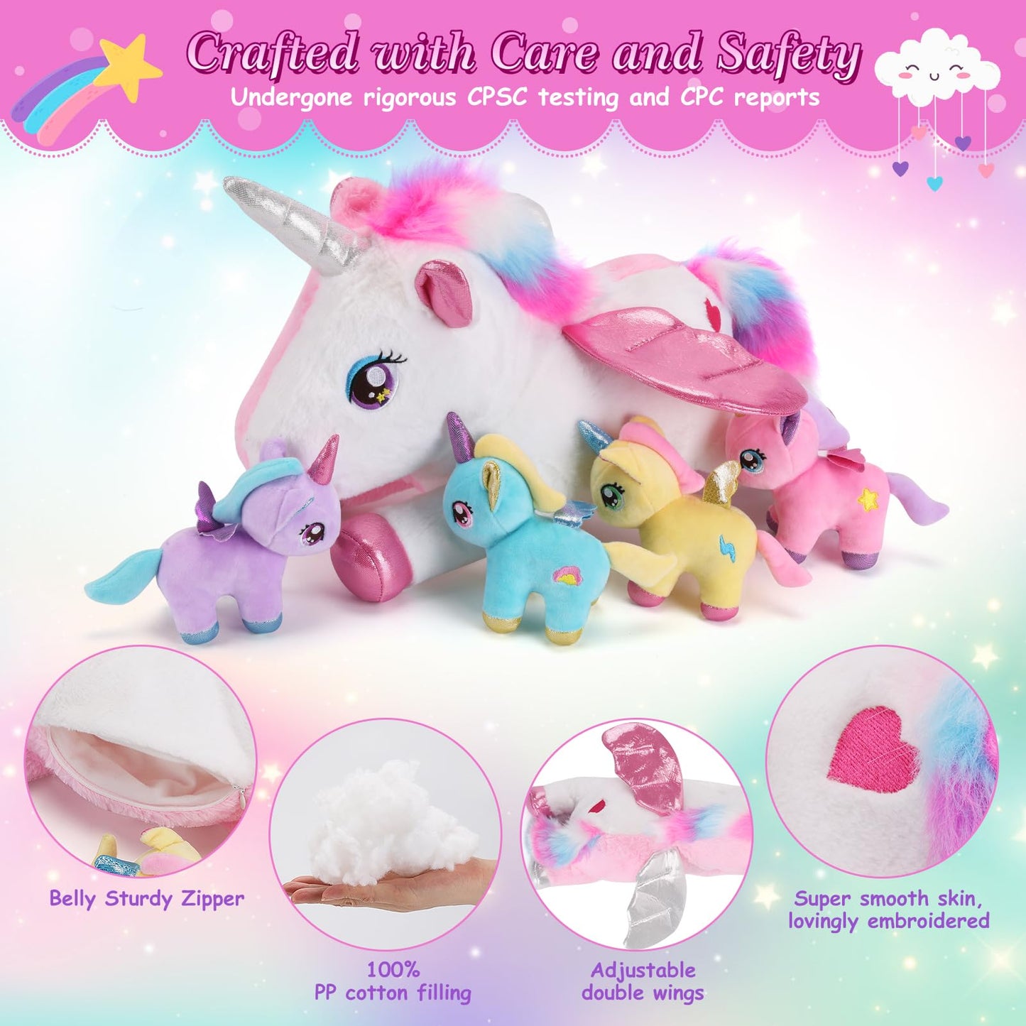 gnomantic Unicorn Stuffed Animals with Babies Inside, Mommy Toy for Kids