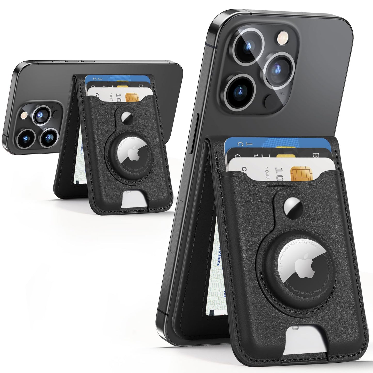 HiWe for Magsafe Wallet Stand with Airtag Holder, Strongest Magnetic Wallet for iPhone 16/15/14/13/12 Series, Vegan Leather, 3 Slots, 6 Cards Holder, RFID Blocking, Black