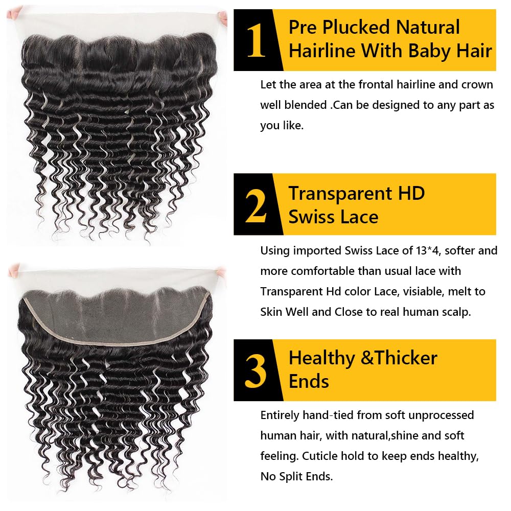 QTHAIR 14A 13x4 HD Lace Frontal Human Hair 20 Inch Deep Wave Frontal Pre Plucked with Baby Hair Ear to Ear Transparent Lace Frontal Closure 100% Virgin Deep Wave Human Hair Frontal 1B Natural Black