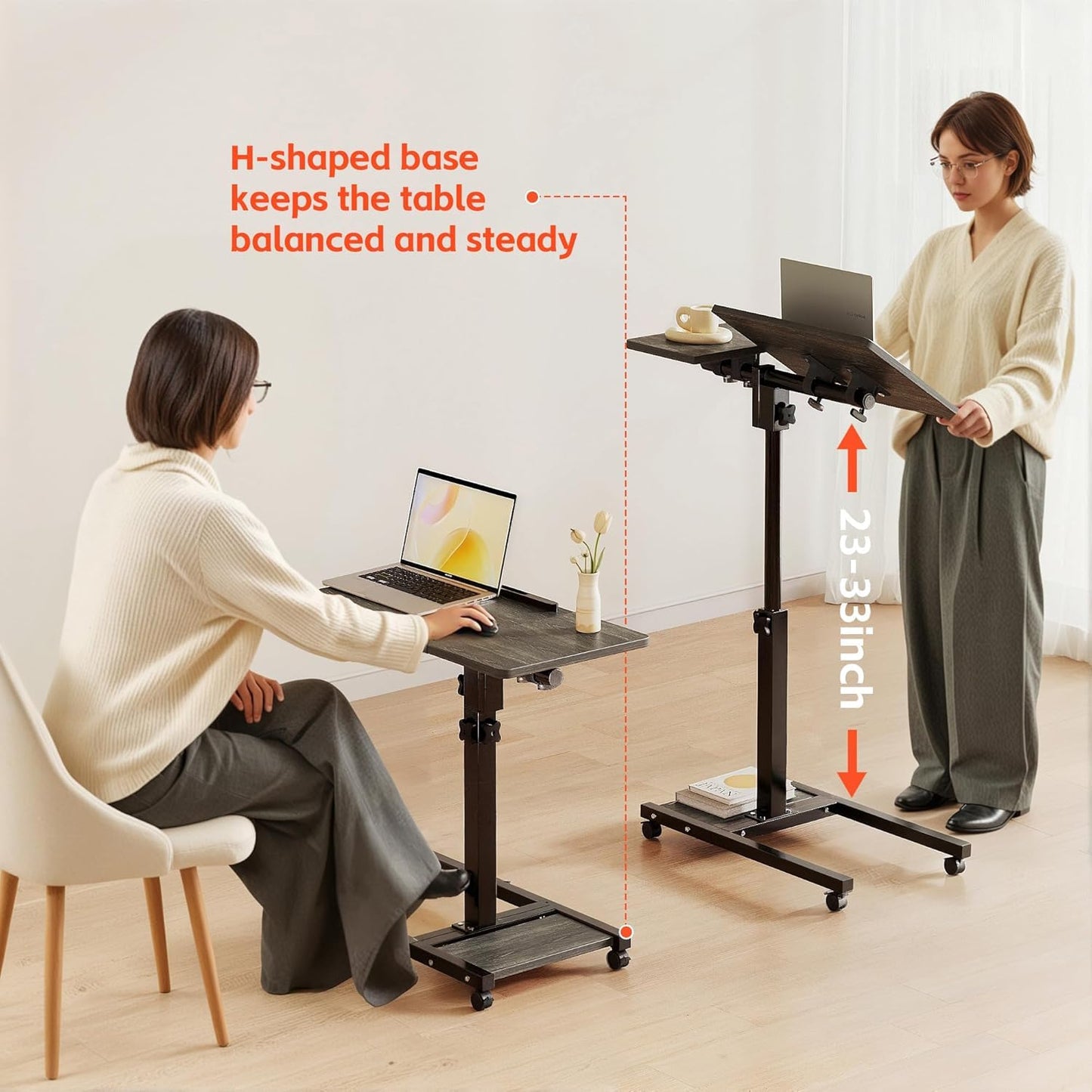 Laptop Desk Stand for Bed Portable Desk Overbed Bedside Mobile Laptop Table Rolling Foldable Table Adjustable Height with Locked Wheels & Mouse Pad for Office Sofa (Dekuwood Black)