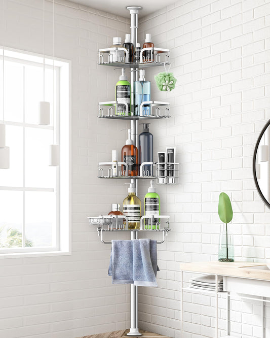 Clothink Corner Shower Caddy Tension Pole 4 Tier Adjustable Stainless Steel Shower Shelf for Inside Shower Bathtub Shampoo,Standing Bathroom Organizer Shelves with 39 to 113 inch Height