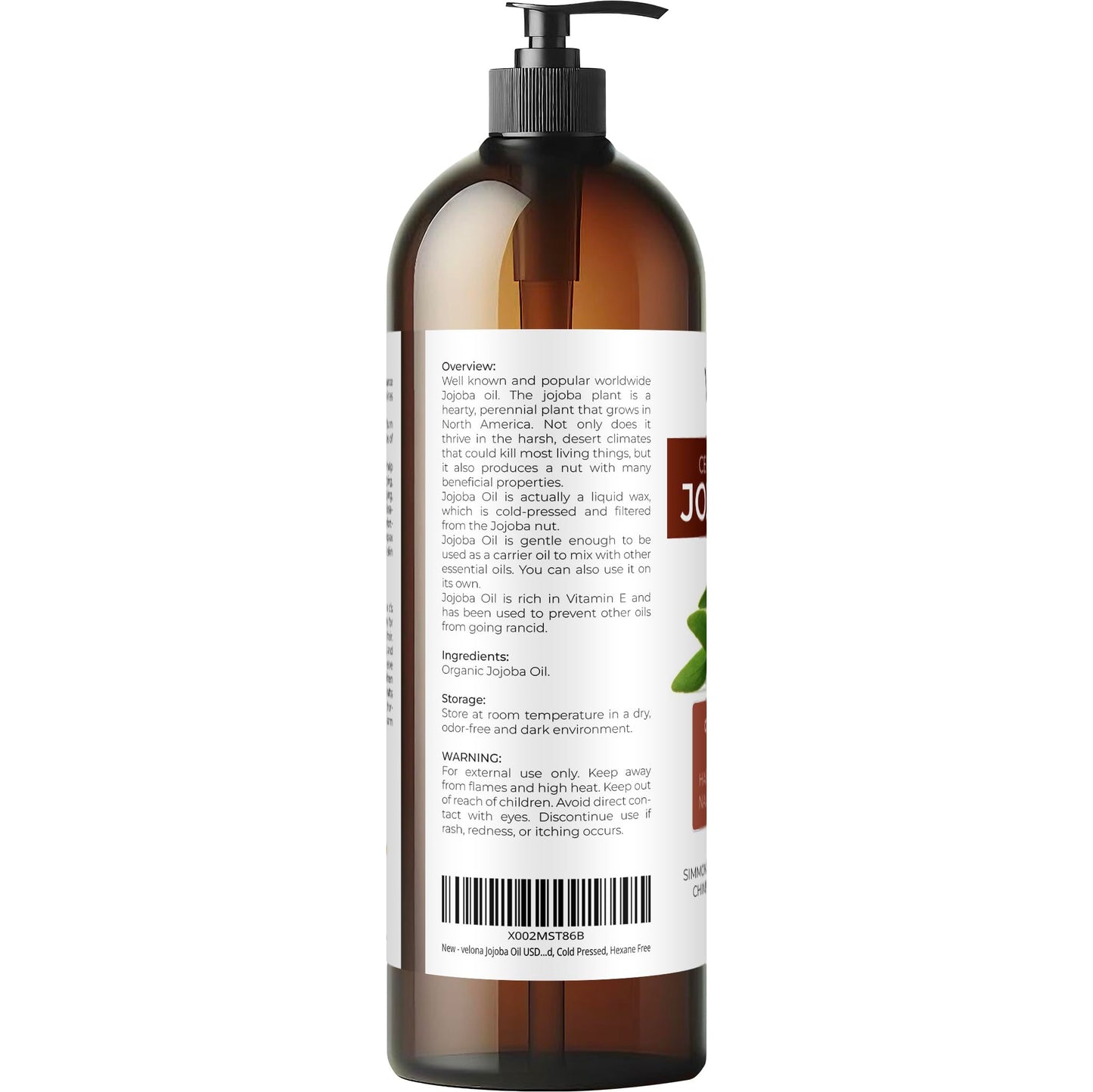 velona Jojoba Oil USDA Certified Organic - 32 Fl Oz (With Pump) | 100% Pure and Natural Carrier Oil| Golden, Unrefined, Cold Pressed, Hexane Free