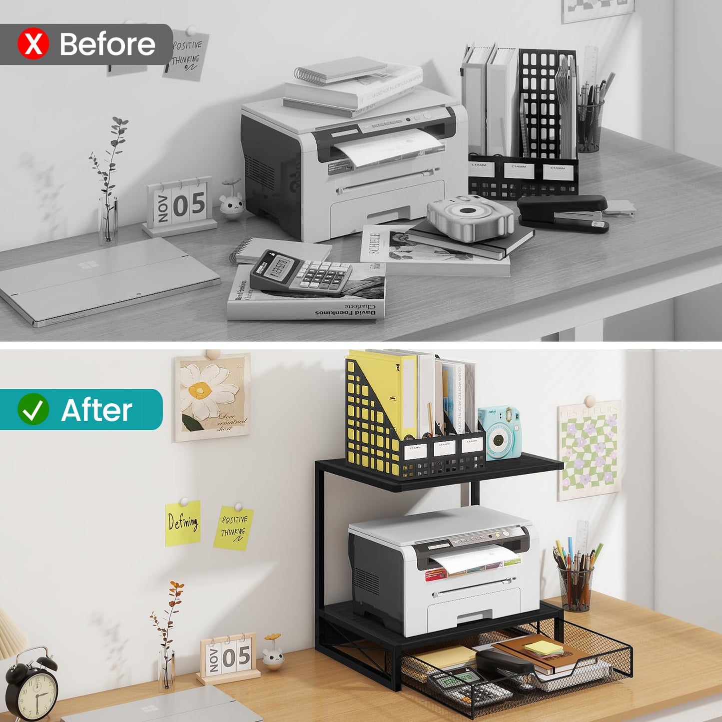 ELITEROO 2-Tier Printer Shelf with Drawers, Wooden Desk Organizer Shelf for Small Printers and Office Supplies, Desktop Storage Rack for Books, Folders, Scanner, Fax Machine, 3D Printer, Black
