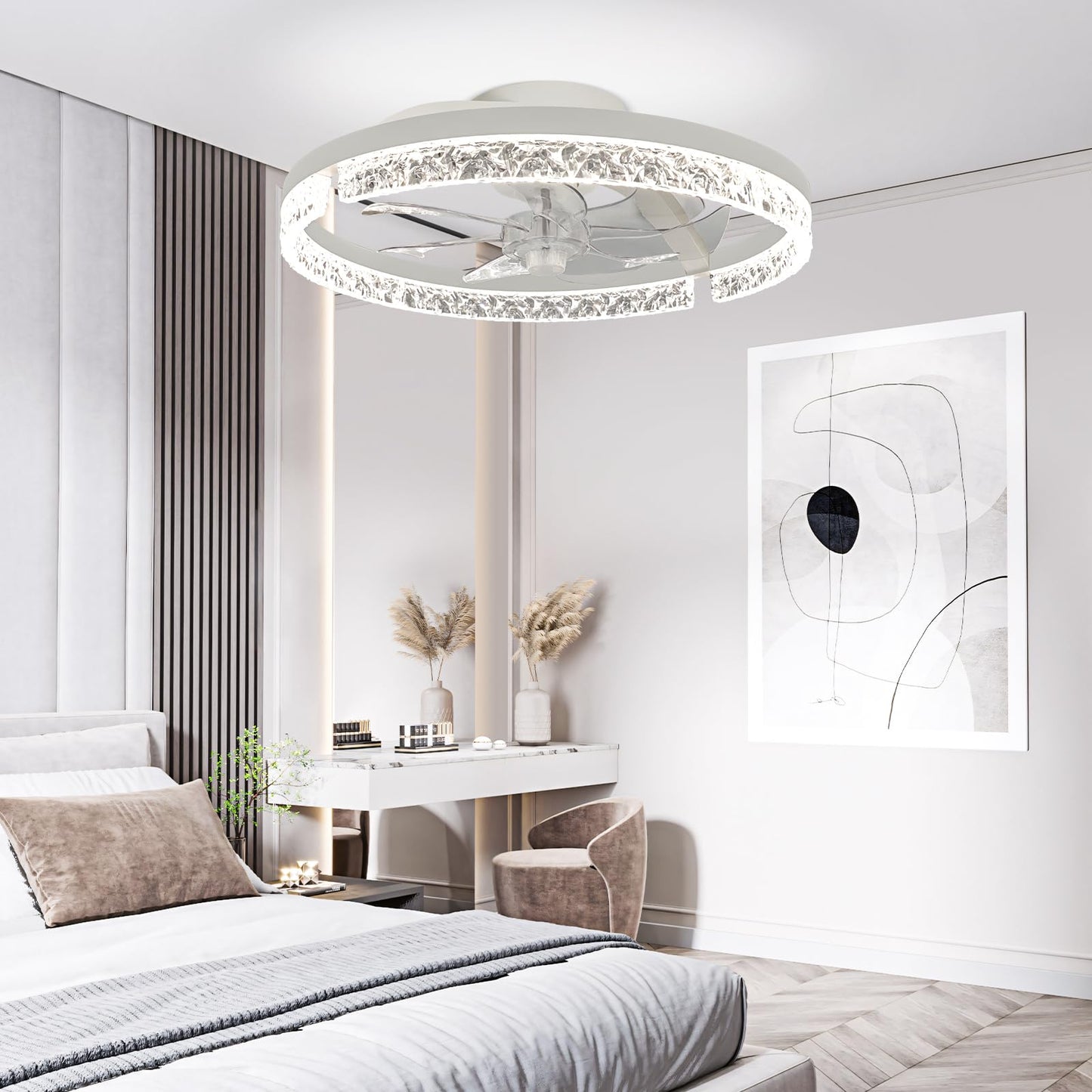 Ceiling Fans with Lights，18" Low Profile Ceiling Fan with APP and Remote Control, 3000-6000K & Brightness Dimmable Fandelier Flush Mount LED Fan Light For bedroom,office Living room- Diamond White