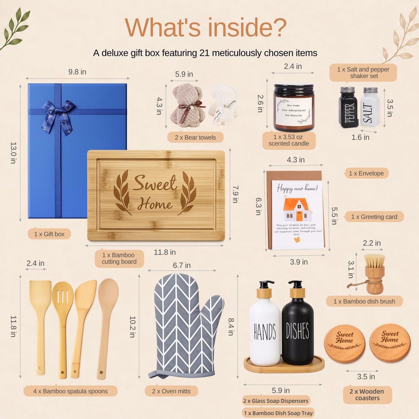 Housewarming Gifts New Home Basket，21-Piece Including Cutting Board, Handwashing Set, and Aromatherapy – Ideal for Housewarming Gift for Couples, New Home Families, and Closing Gifts for Home Buyers