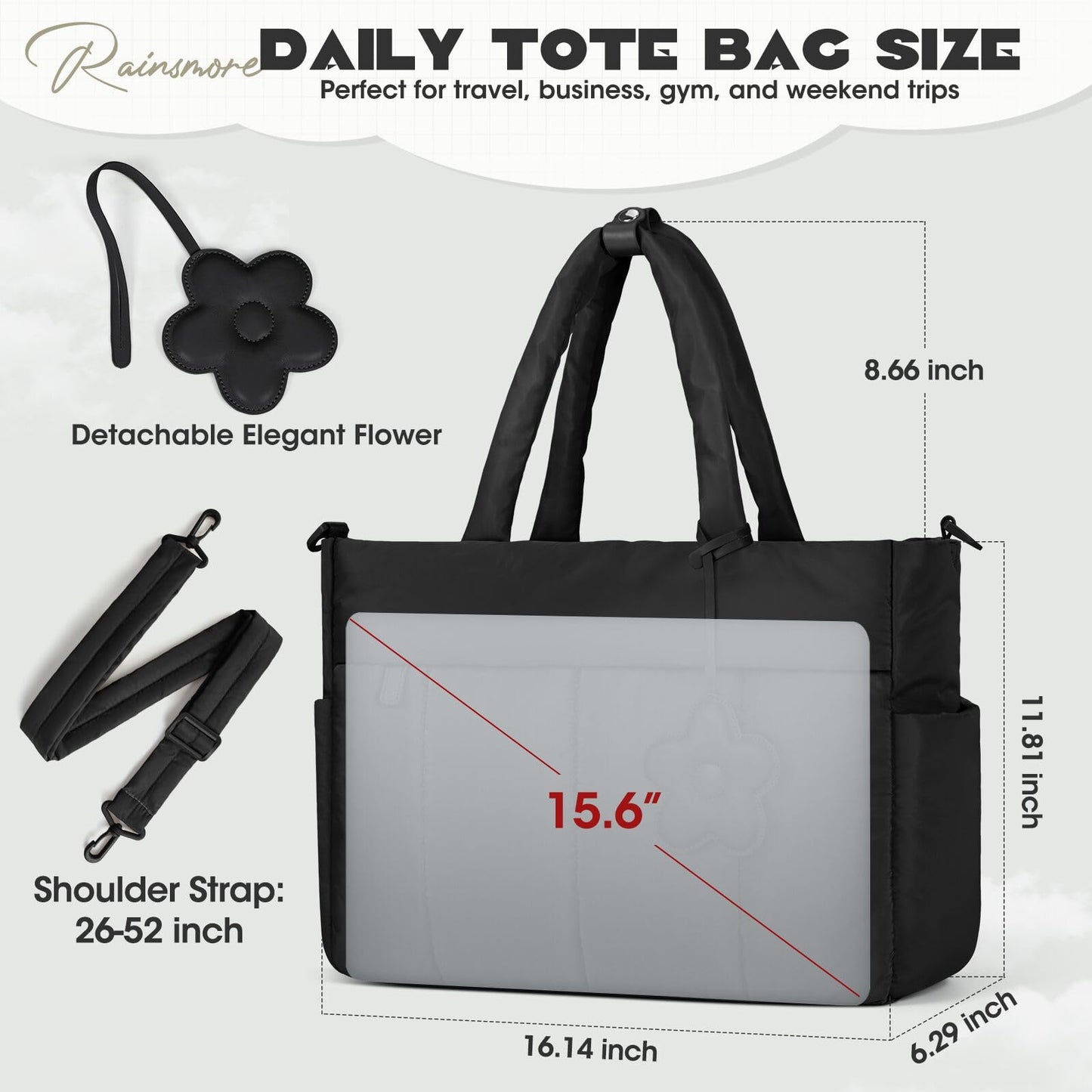 RAINSMORE Laptop Tote Bag for Women 15.6 Inch Lightweight Puffer Tote Bag Work Bag Quilted Travel Tote Bags with Shoulder Strap Large Computer Briefcase Teacher Bag Nurse Bag for Casual Office Travel