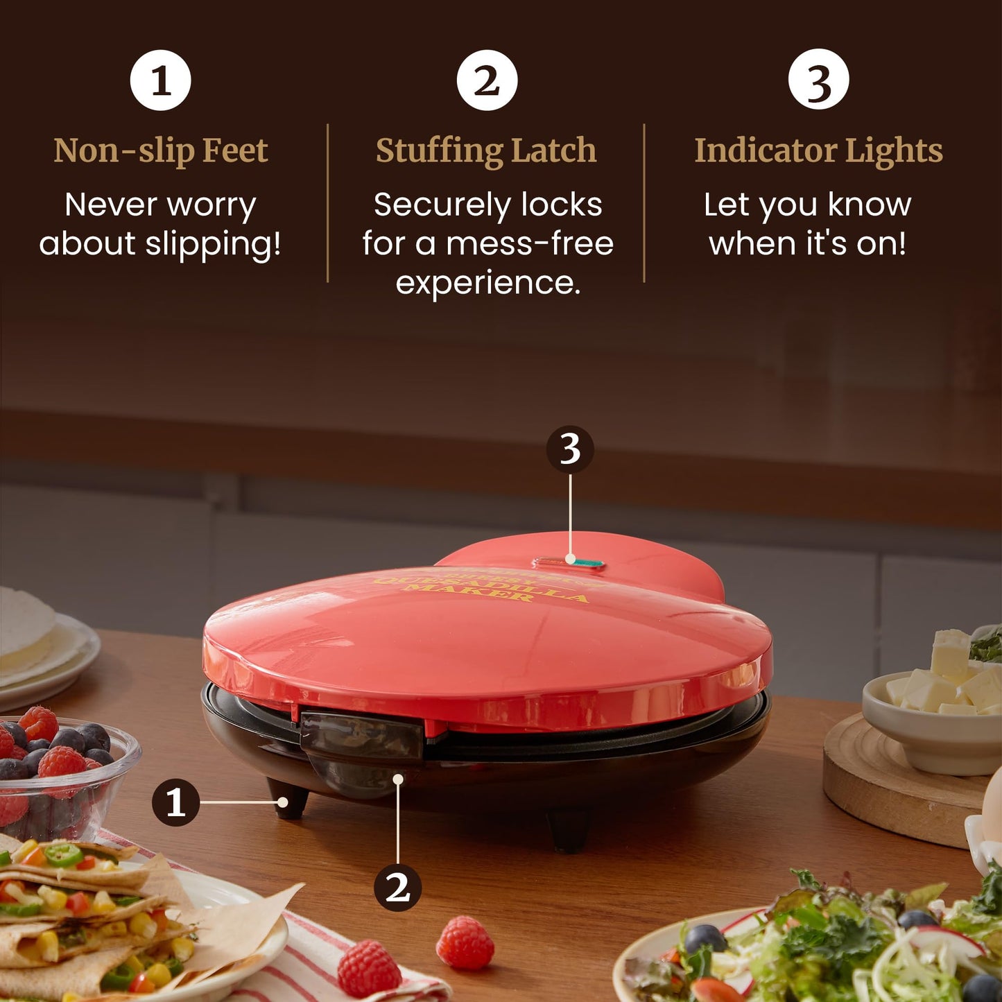 Elite Gourmet 10.65" Cheesy Quesadilla Maker, 2-Position Locking Latch For Extra Stuffing, Easy-Slice 6-Wedge, Red