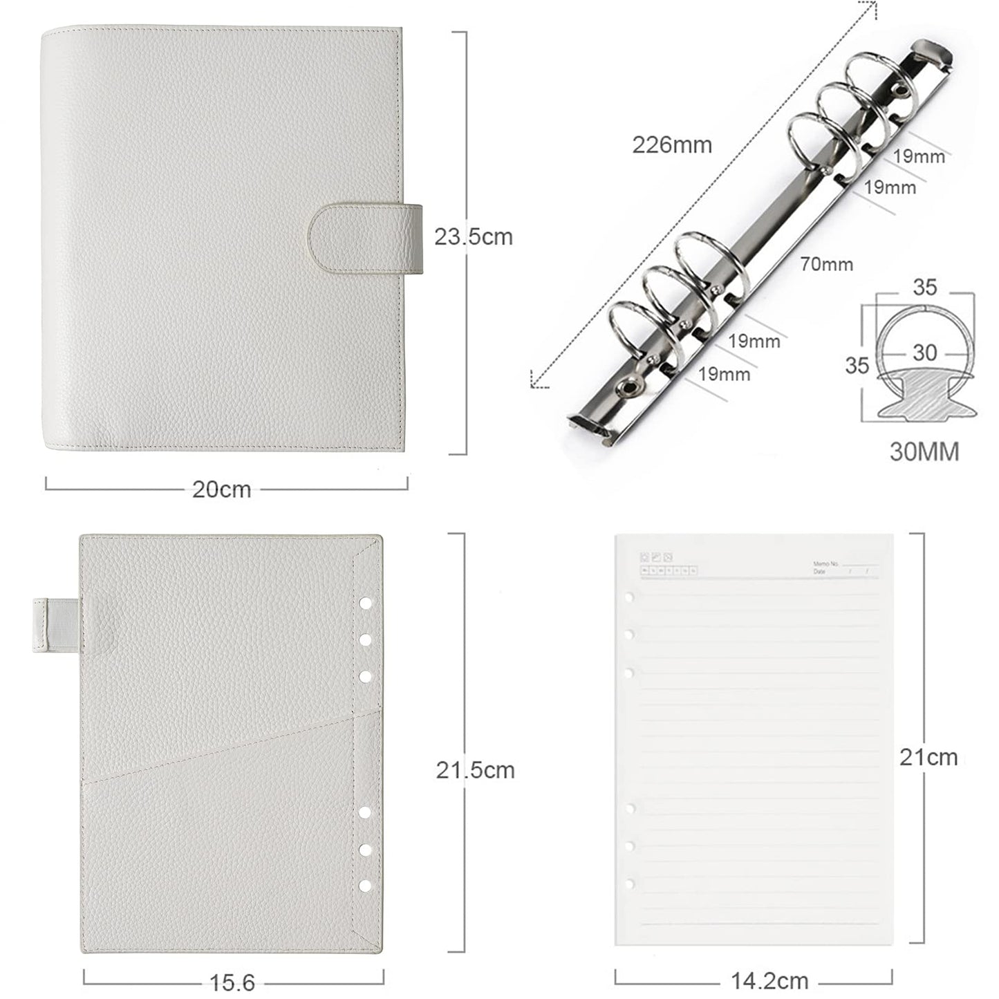 Moterm A5 Luxe Rings Planner - Genuine Leather Binder Organizer (30mm Ring, Pebbled-Cream)