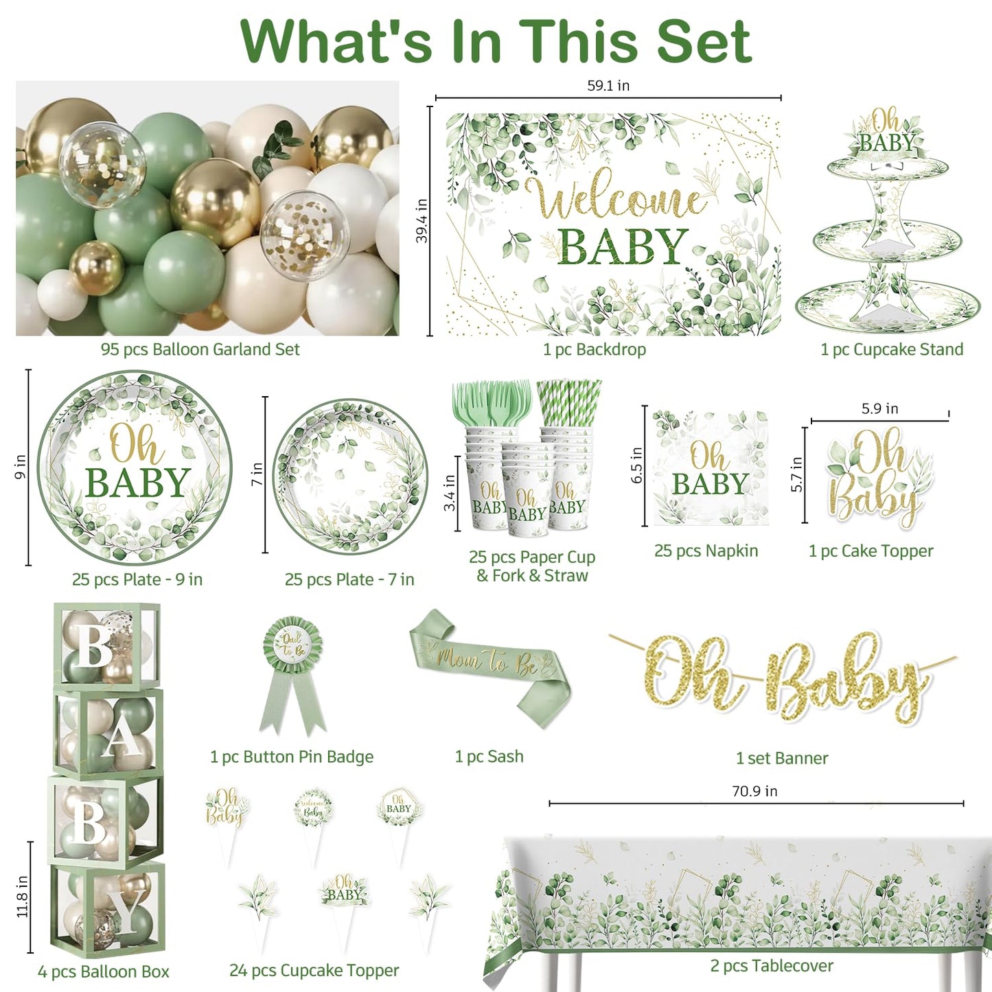 Fexivo 286 Pcs Sage Green Baby Shower Decorations Set-Serves 25 Guests -All-in-One Gender Neutral Party Supplies Kit Includes Balloon Arch, Backdrop, Tableware Set, and Sash
