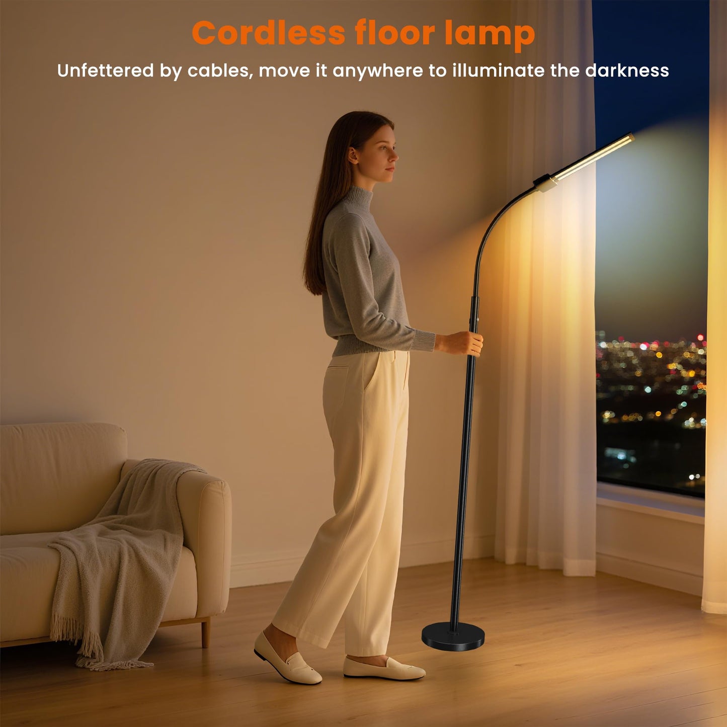 Cordless Floor Lamp Rechargeable LED - Battery Operated 8000mAh, Dual Head Gooseneck Reading Light with Touch Control, IP54 Waterproof Portable Floor Lamp for Living Room Bedroom Outdoor Emergency