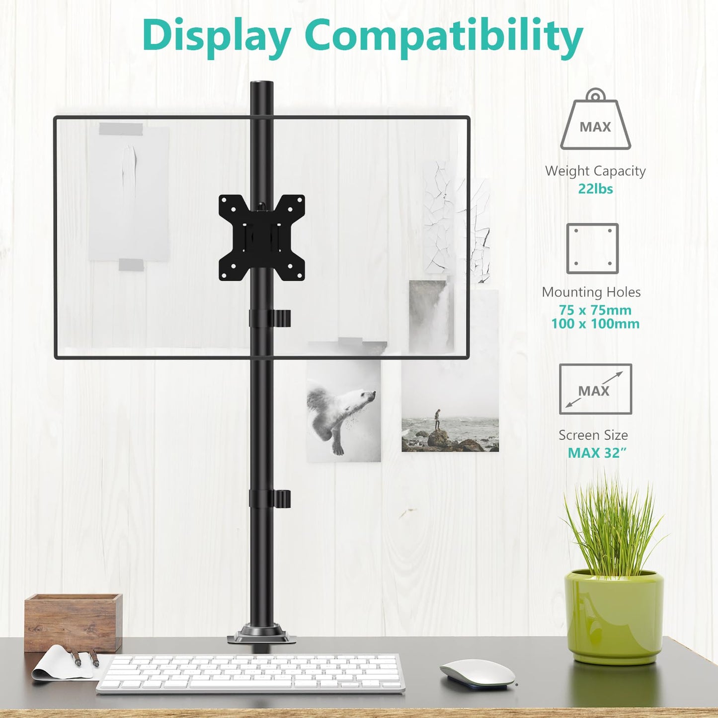 WALI Monitor Arm Mount for Desk, Single Extra Tall Computer Desk Mount, Monitor Bracket Mount Stand Single, up to 32 inch, 22 lbs (M001XL), Black