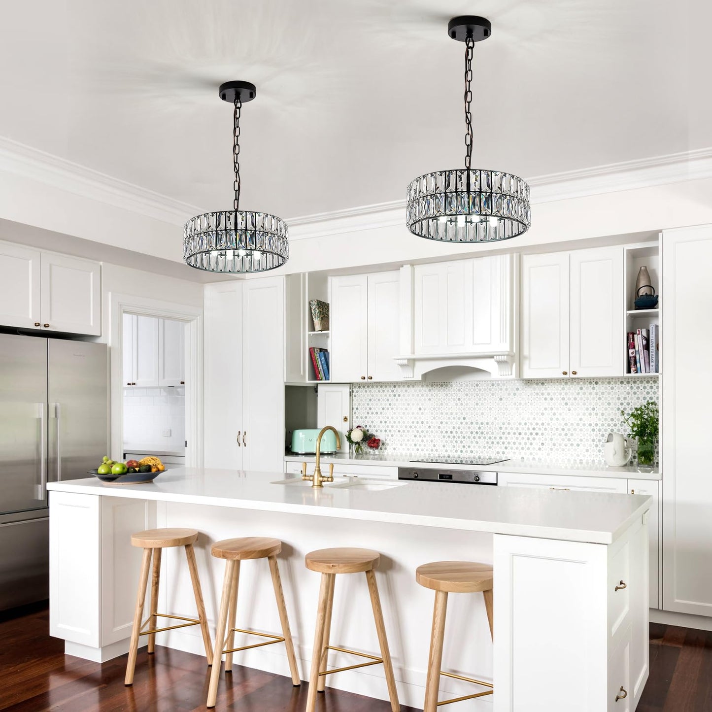 Crystal Pendant Light 4-Light Modern Black Chandelier Small 12” Crystal Semi Flush Mount Ceiling Light Round for Kitchen Island Foyer Hallway