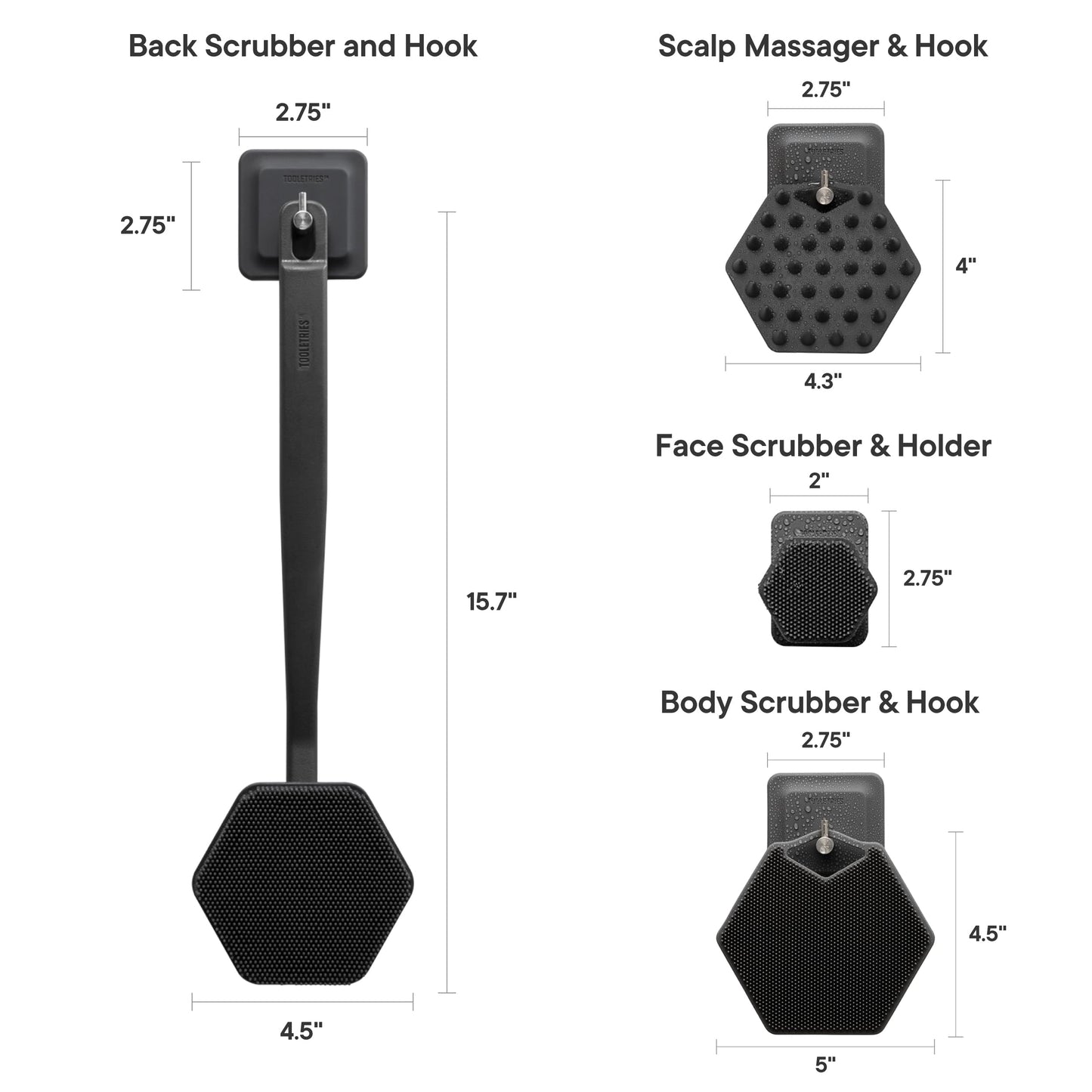 Tooletries - The Scrub King - Men's Silicone Body and Face Scrubber Set - Back Scrubber for Shower, Body Scrubbers, Storage Hooks, & Face Brush Holder - Shower Accessories for Men - Charcoal