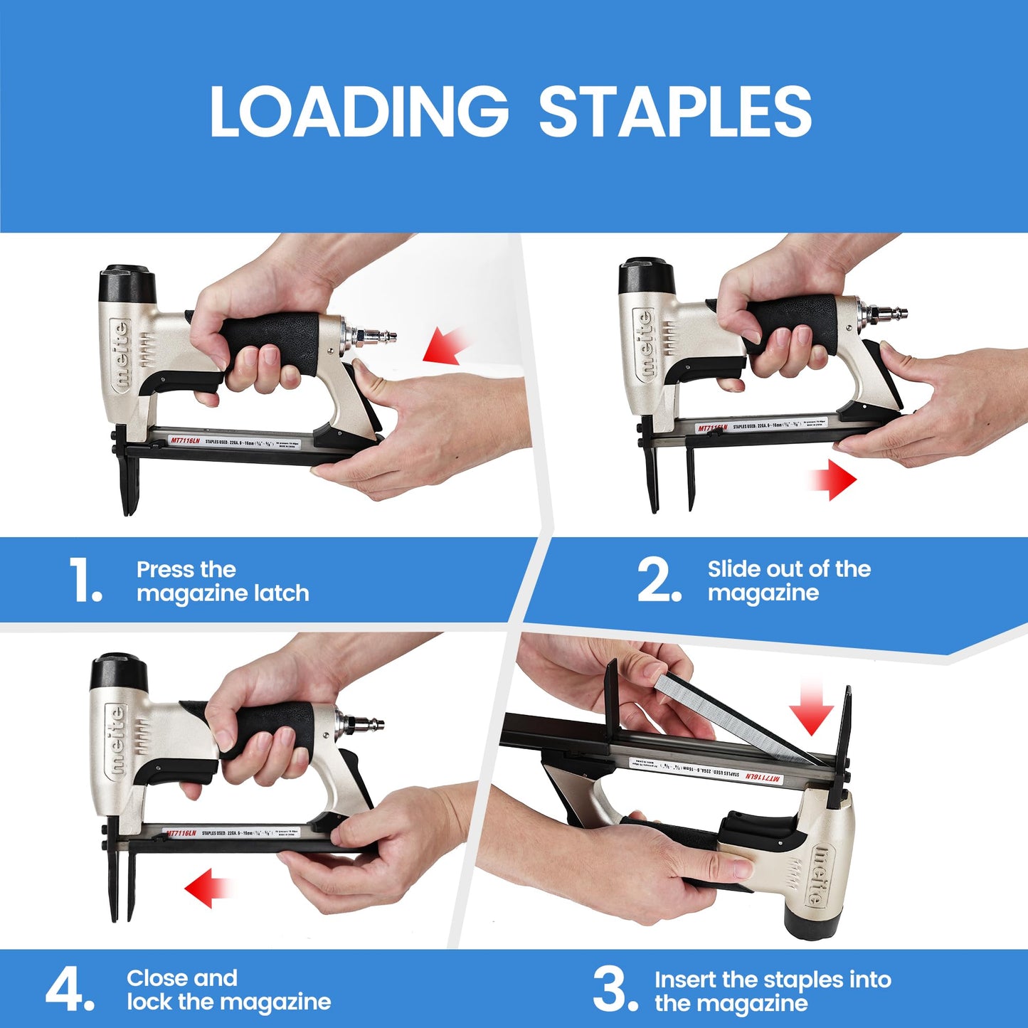 meite MT7116LN Pneumatic Upholstery Stapler 22 Gauge 71 Series 3/8" Crown 1/4" to 5/8" Length Long Nose Stapler