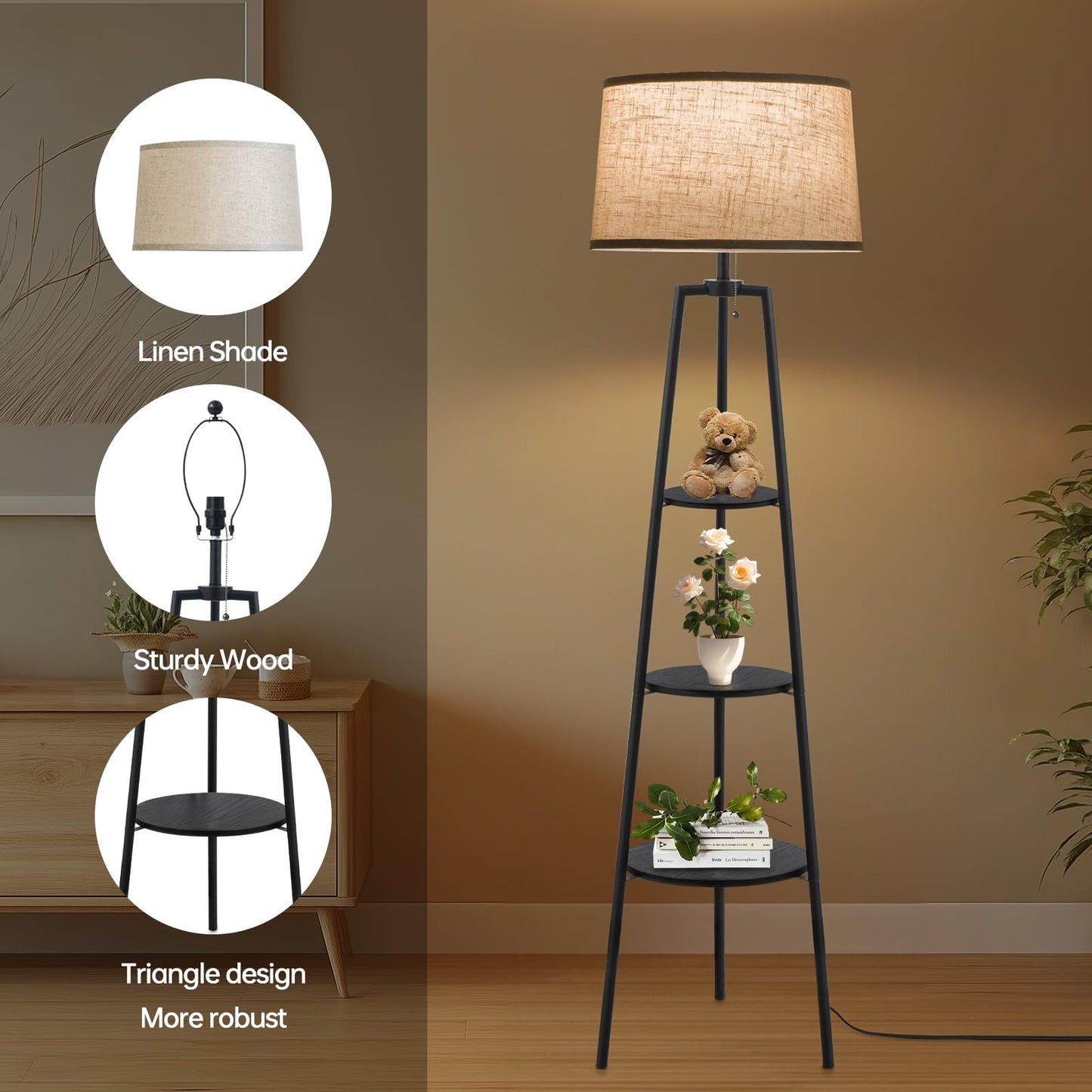 EOEYYOYB 3 Tier Shelf Floor Lamps for Living Room, Modern Standing Lamp with 3 Color Temperature Led Bulb, Tall Lamps for Bedroom and Office, Black