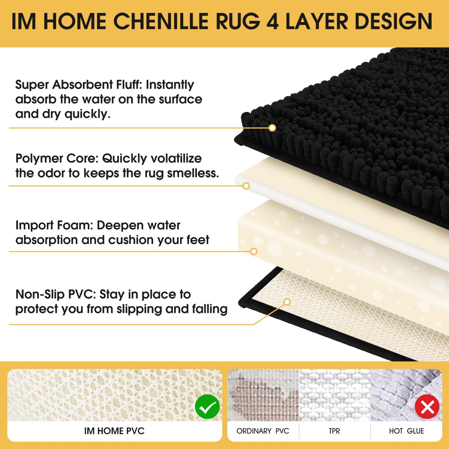 ACCUMTEK Upgrade Extra Large Black Bathroom Rug Set 3 Pieces Ultra Soft, Thick Absorbent Bath Mats, Non Slip Chenille Toilet Mat for Bathroom, Bedroom, Kitchen
