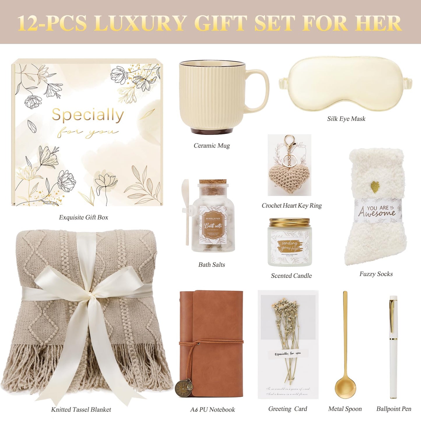 CuriBox Mothers Day Get Well Gifts for Women Self Care Gift Basket - Birthday Gifts for Women Spa Care Package - Sympathy Inspirational Easter Day Gift Set for Her Mom Sister Friend Wife (Khaki)
