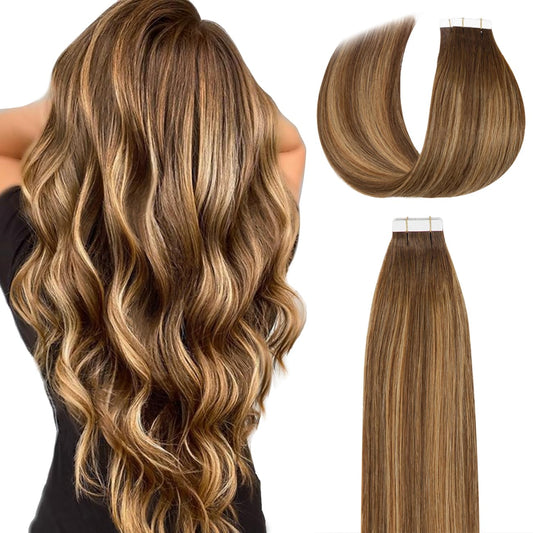 Lacer Tape in Hair Extensions Human Hair Straight Chocolate Brown to Strawberry Blonde Highlights with Chocolate Brown Roots Hair Extensions Tape in R#4-4/27 20 Inches