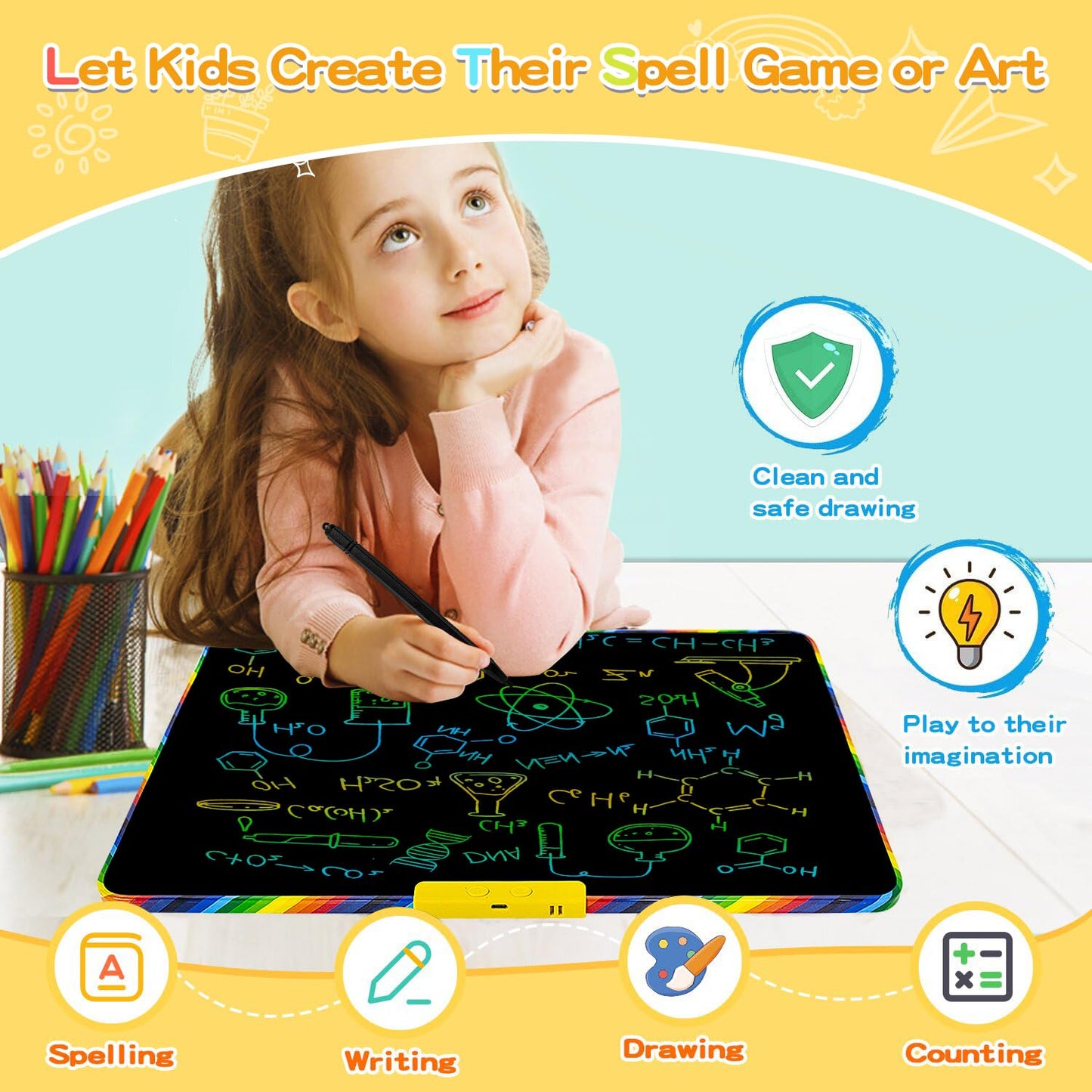 LCD Writing Tablet for Kids 16 Inch, Educational Drawing Board with Magnetic Whiteboard Back, Includes 3 Markers and Tangram Puzzle, Birthday Gift for Ages