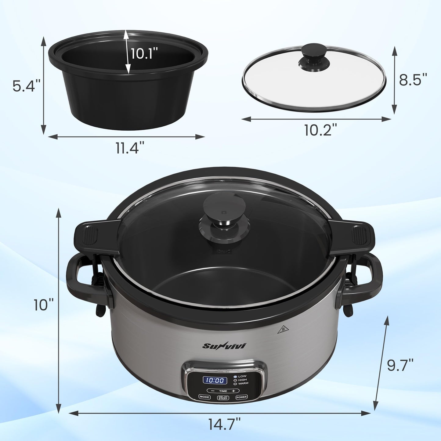 SUNVIVIPRO 4QT Slow Cooker, Programmable Pot with Removable Ceramic Pot, Locking Lid, 3 Heating Settings & Time Control,Dishwasher-safe Lid & Pot, Grey