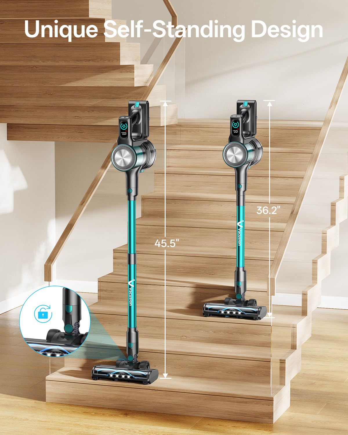 Cordless Vacuum Cleaner, 8-in-1 Cordless Stick Vacuum Cleaner with 3 Suction Modes, Up to 45mins Runtime, Rechargeable, Self-Standing, Vacuum Cleaners for Home Pet Hair Carpet Car Hard Floor, Green