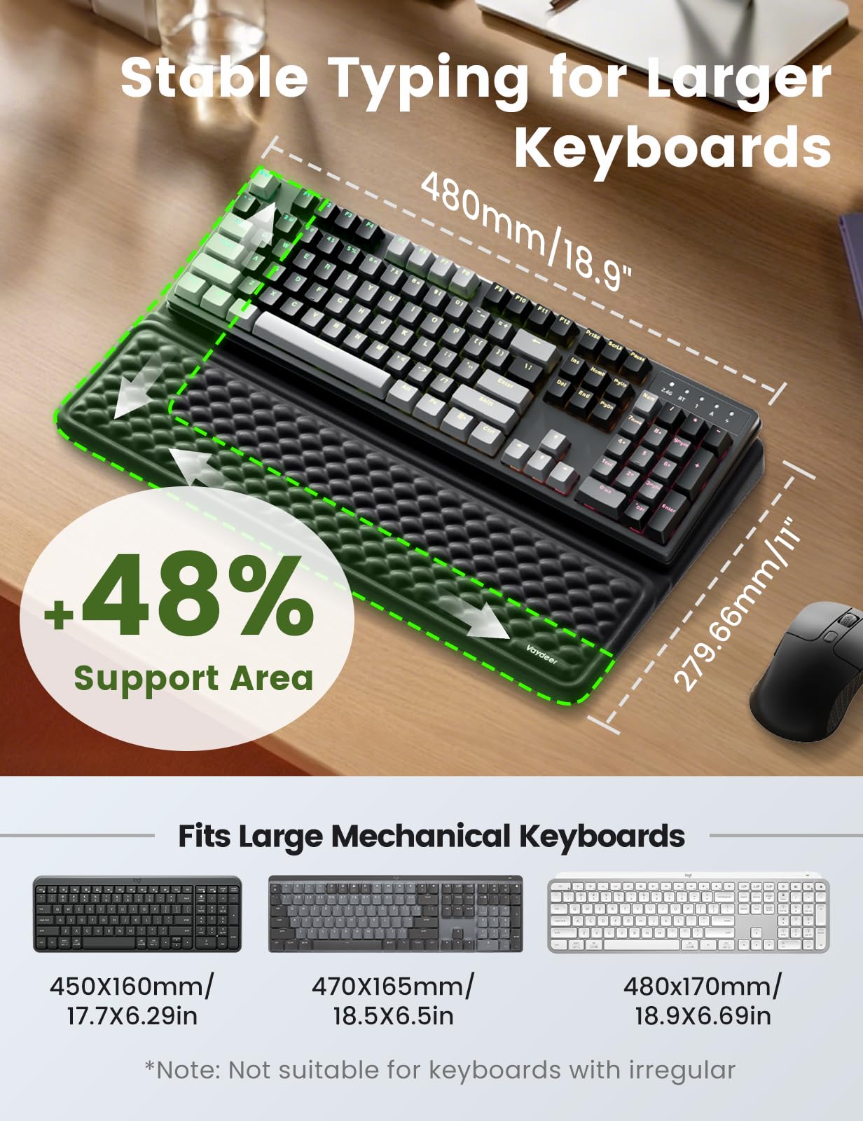 Vaydeer Extra-Large Wrist Rest with Keyboard Stand, Ergonomic Wrist Support Pad, Soft Memory Foam Wrist Cushion for Mechanical 100% Full-Size Keyboard, Carpal Tunnel Pain Relief, Black