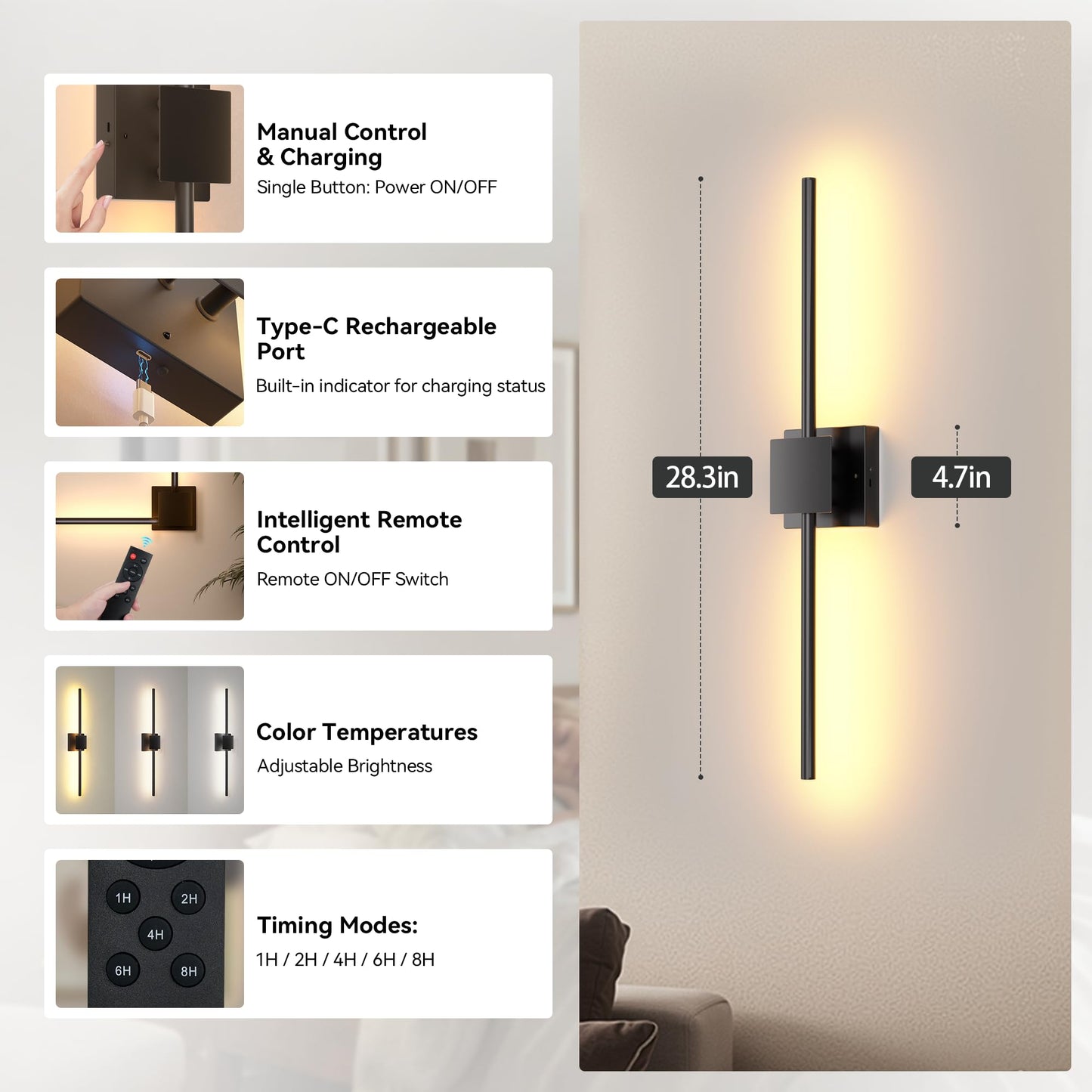 Battery Operated Wall Sconces Set of 2, 𝐔𝐩𝐠𝐫𝐚𝐝𝐞𝐝 8000mAh Rotatable Picture Lights with Remote Control, Dimmable 3000-6500K LED Rechargeable Wall Lights for Living Room Bedroom Mirror, 28.3In