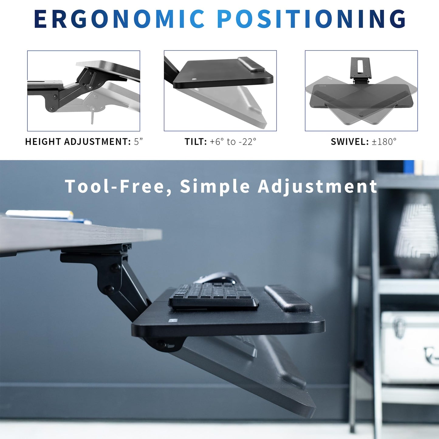 VIVO Adjustable Computer Keyboard and Mouse Platform Tray, 34 x 10 inch Ergonomic Under Table Desk Mount Drawer Underdesk Shelf, Black, MOUNT-KB36B