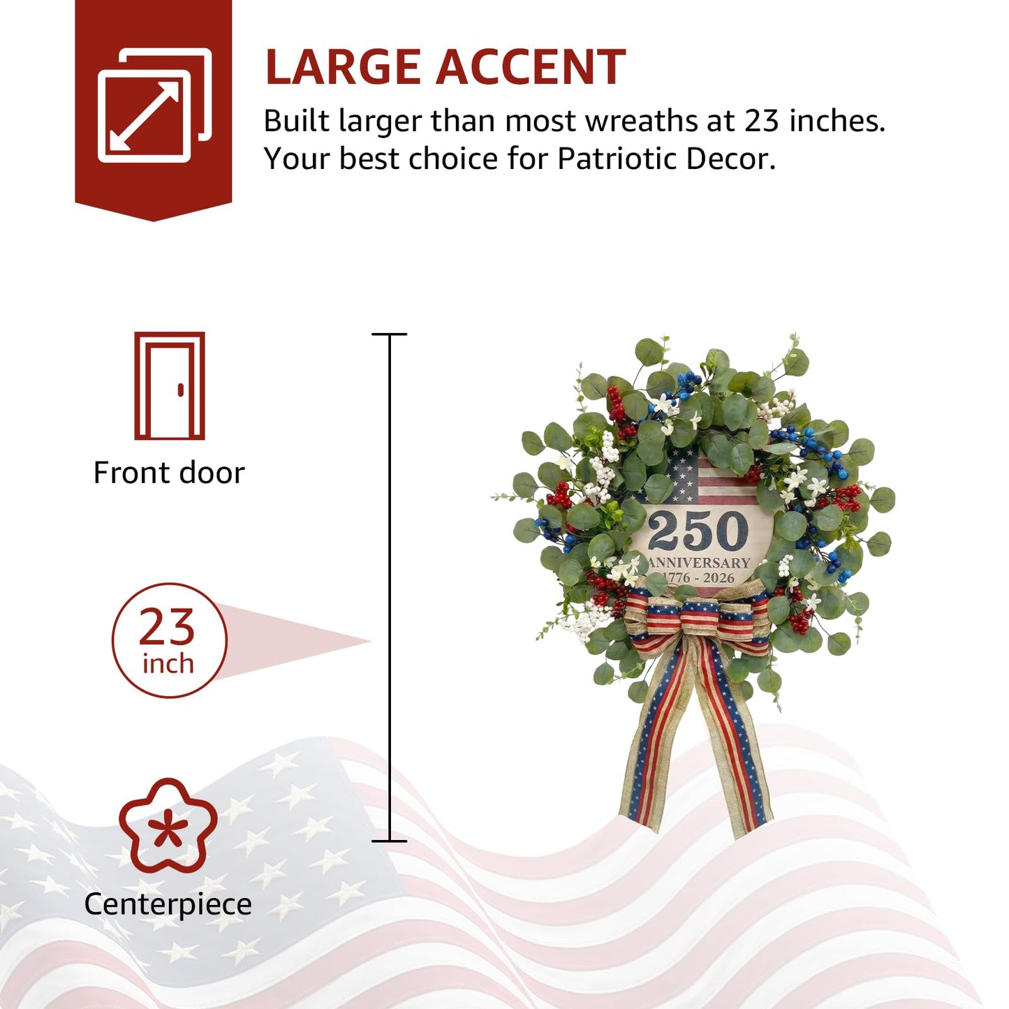 4th of July Eucalyptus Wreath for Front Door - 23 inch 1776-2026 USA 250th Anniversary Patriotic Outdoor Decorations, Memorial Day Wreaths with Red White Blue Berries and Bow
