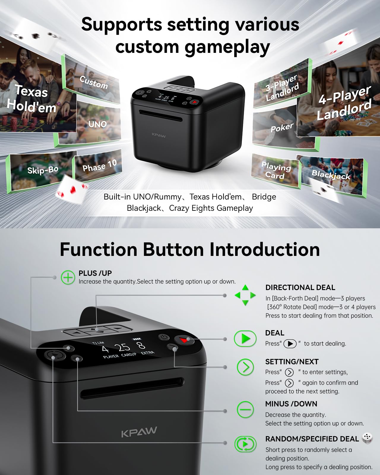 KPAW Automatic Card Dealer with 4 Wireless Remotes, Handles 1–3 Decks, USB Rechargeable Card Dealing Machine, Portable Card Dealer for Texas Holdem, UNO, Bridge, Poker More