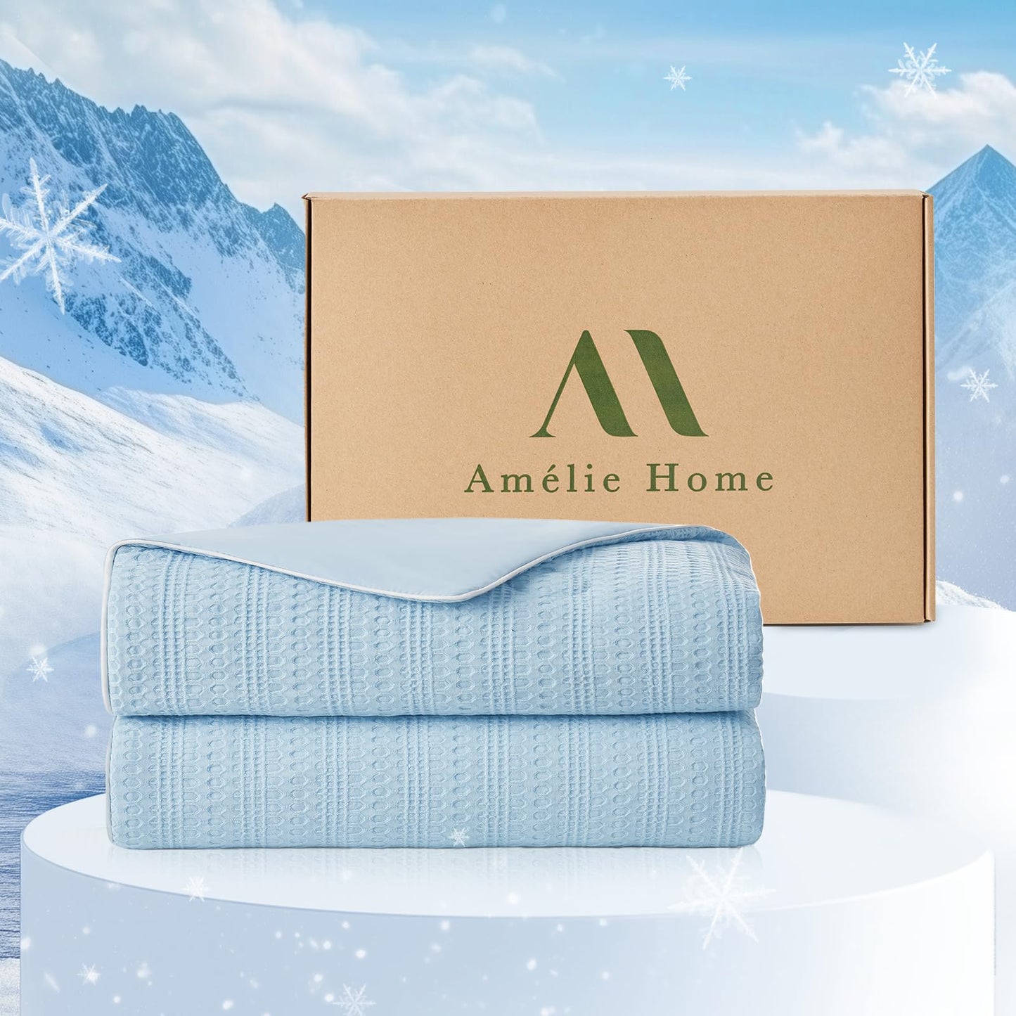 Amélie Home Waffle Cooling Comforter Queen Size, Q-Max 0.45 Reversible Lightweight Cooling Blanket for Hot Sleepers, Breathable Bedding for Night Sweats, 90"x90", Sky Blue
