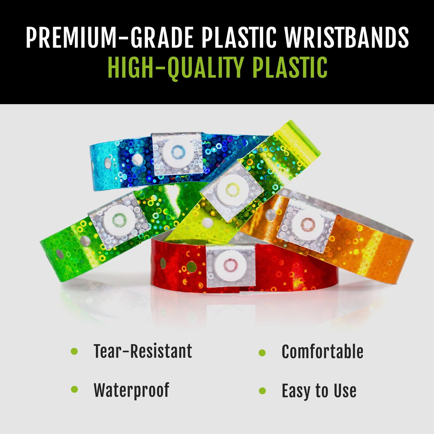 500 WristCo Variety Pack Holographic Plastic Wristbands for Events – Extended Wear, Glowing Color Prevents Reuse – Premium-Grade Bracelets for Hospital & Medical ID, Party & VIP Identification