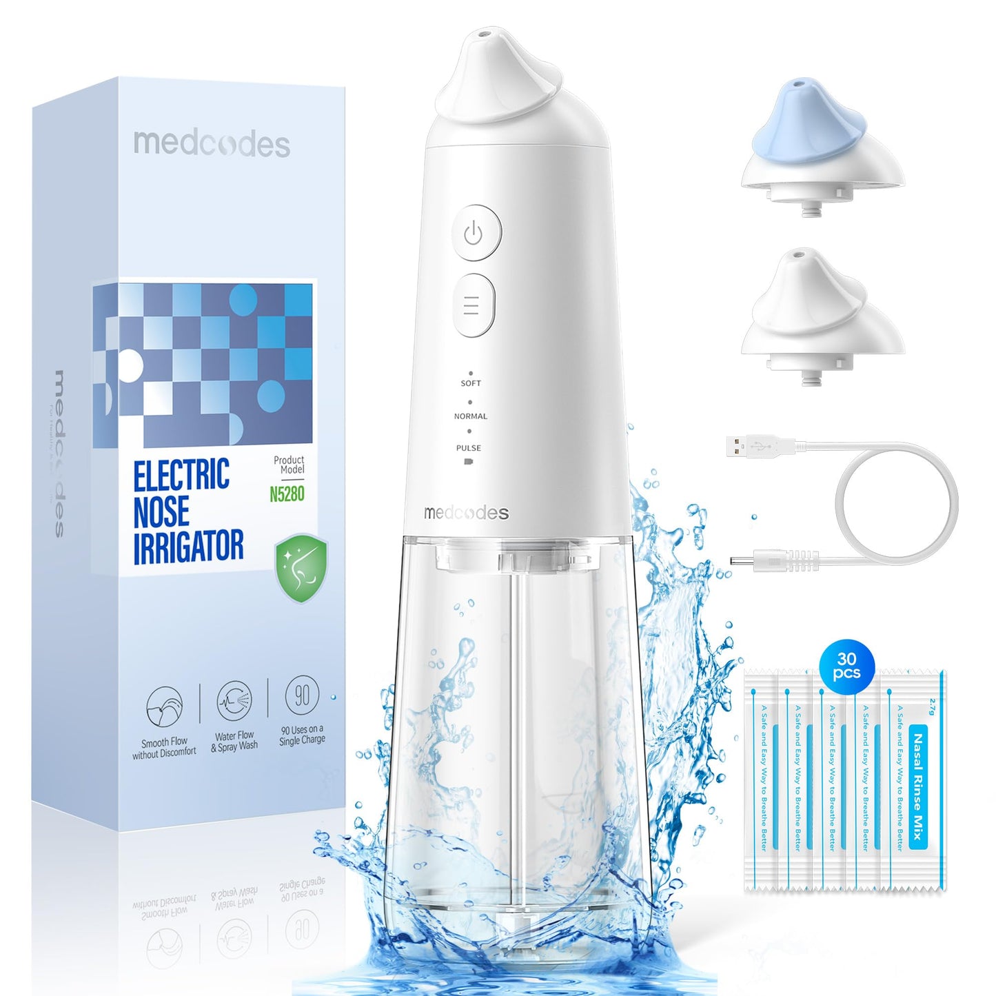 Medcodes Nasal Irrigation System, Cordless Pulsating Sinus Rinse Bottle, Nasal Rinse Machine for Sinus Relief & Nasal Care, Electric Neti Pot Nose Cleaner with 30 Salt Pods Nasal Wash Kit