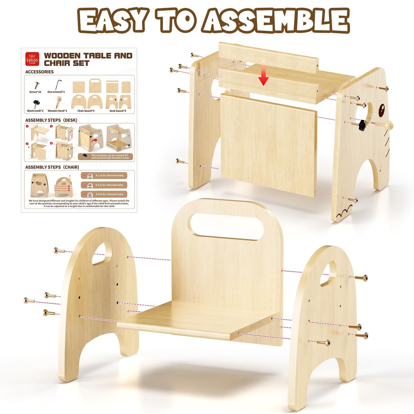 Lehoo Castle Montessori Weaning Table and Chair Set for Toddler Age 1-3, Adjustable Height Wooden Baby Activity Furniture for Self-Feeding, Drawing, Learning and Play