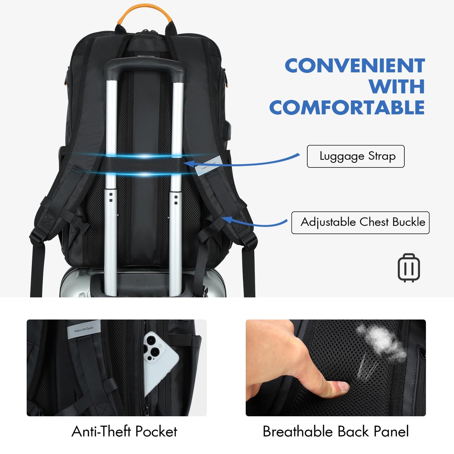 Business Backpack for Men - 900D Tech Backpack fit 17.3 Inch Laptop, Travel Backpack with USB Charging Port Anti-Theft Pocket, 30L Large Smart Backpack Black Waterproof