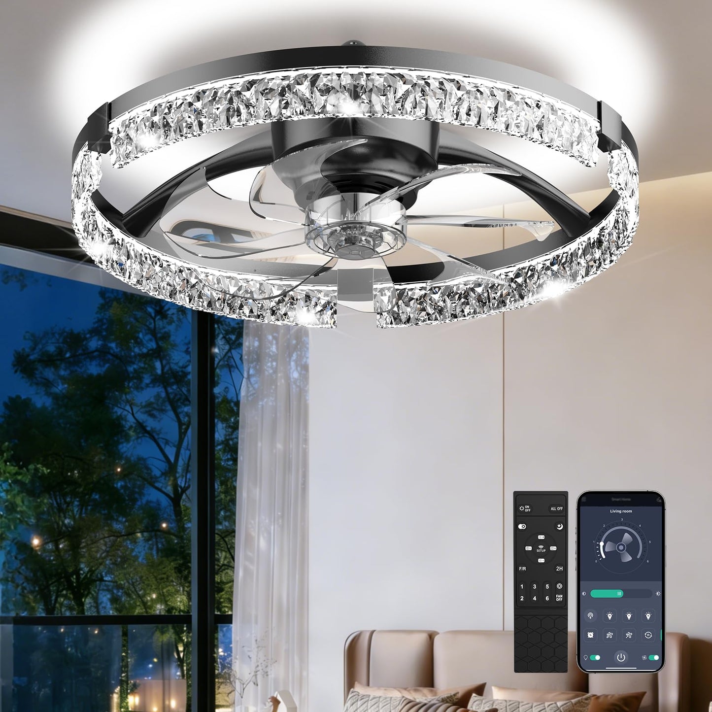 AIKVSXER 20" Low Profile Ceiling Fan with Light and Remote, Dimmable LED Flush Mount Ceiling Fan, 6 Speeds, White Modern Design for Bedroom/Living Room （Black-Crystal）