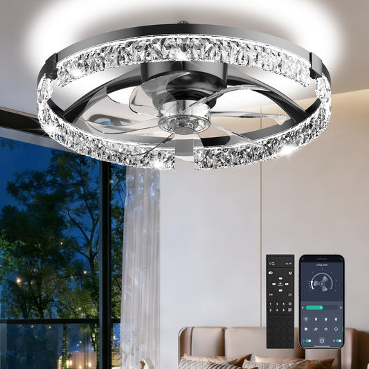 AIKVSXER 20" Low Profile Ceiling Fan with Light and Remote, Dimmable LED Flush Mount Ceiling Fan, 6 Speeds, White Modern Design for Bedroom/Living Room （Black-Crystal）