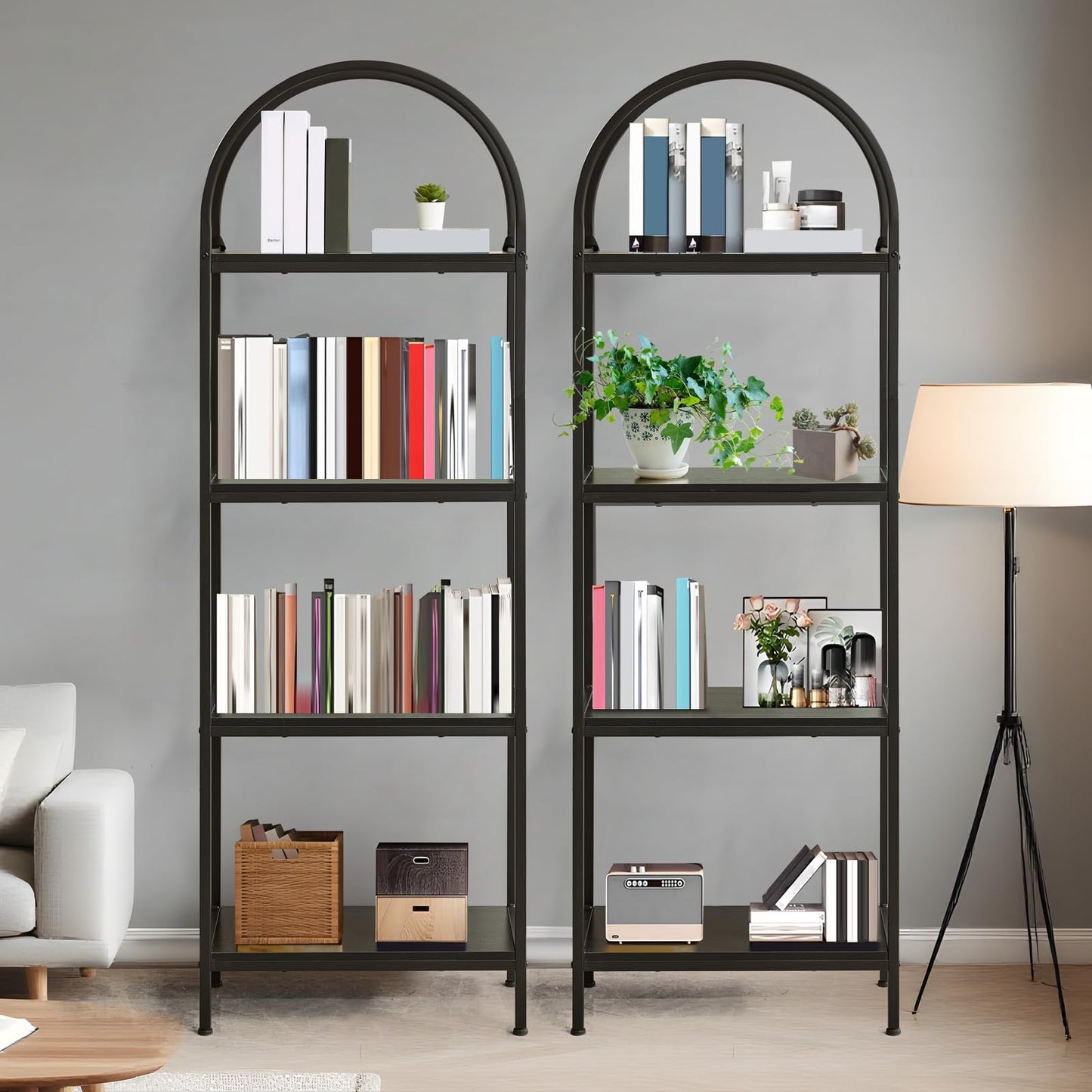 IDEALHOUSE Bookshelf 4 Tier,Arched Display Racks,Tall Shelf for CDs/Books, Modern Storage Rack Shelf Large Wood Book Shelf for Bedroom, Living Room, Home Office