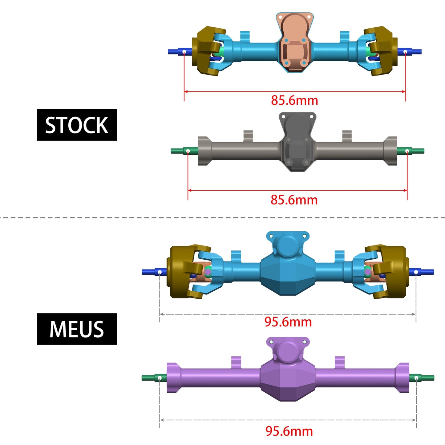 MEUS RACING SCX24 Axles Isokinetic 3-Section CVD 52° Max. Steering Angle +5mm Widened SCX24 Upgrades for Axial SCX24 Deadbolt C10 JLU Gladiator Bronco 1/24 RC Crawler (Front and Rear- Black)