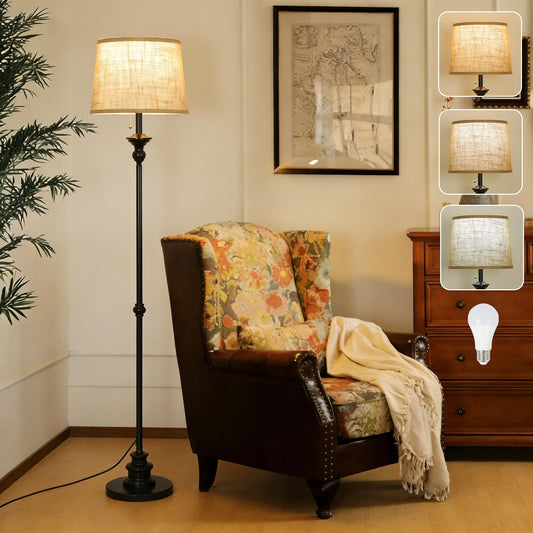 Black Floor Lamps for Living Room, Vintage Floor Lamp with LED Bulb, 3 Color Temperatures Metal Standing Lamp with Pull Chain Switch, Industrial Tall Lamp for Bedroom, Modern Stand Up Lamp for Office