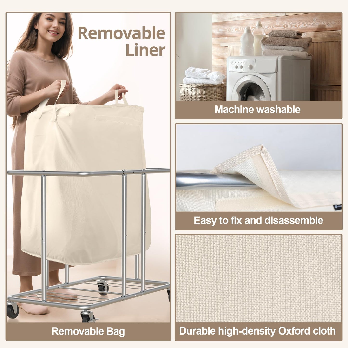 Hodonas 230L Rolling Laundry Hamper, 2-Section Laundry Basket with Wheels, 61 Gallons Laundry Sorter with Metal Structure and Removable Liner, Clothes Hamper for Laundry Room, Bathroom, Bedroom, Beige
