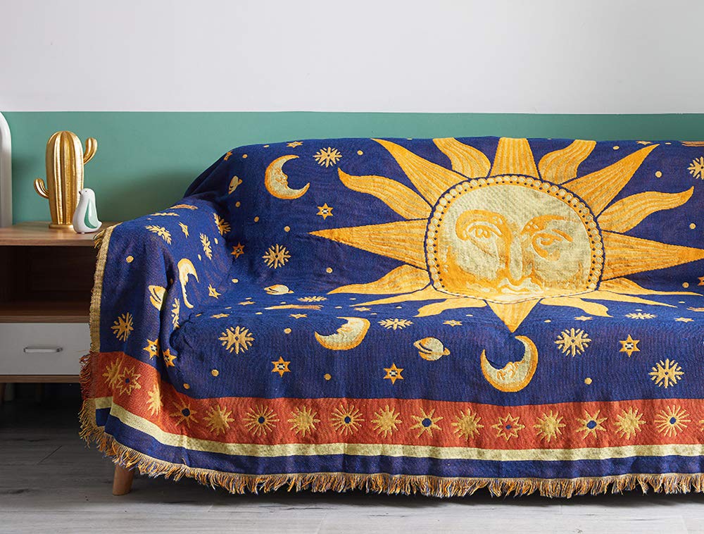 Erke 70" x 90" Sun and Moon Blanket Celestial Couch Sheet Cover Witchy Hippy Home Decoration, Double Sided Cotton Woven Hippie Throws Wicca Blankets for Couch Bed Recliner Decor - Yellow/Blue
