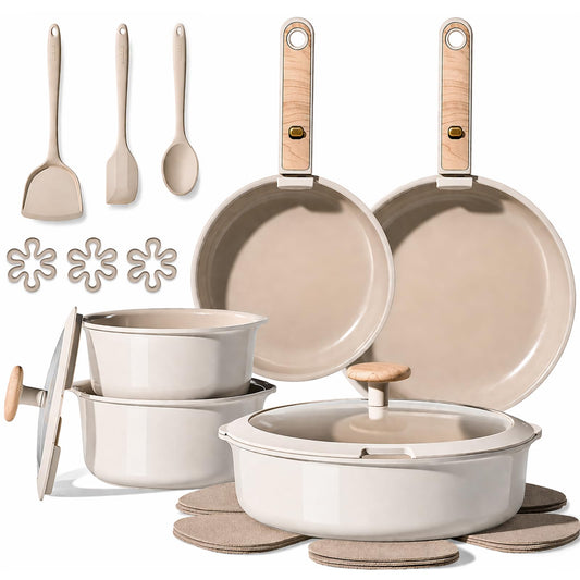 CAROTE Ceramic Pots and Pans Set, Cookware Set Detachable Handle, 19 Pcs Induction Kitchen Cookware Sets Non Stick with Removable Handle, RV Cookware Set, Oven Safe, Elegant White, Mothers Day Gifts